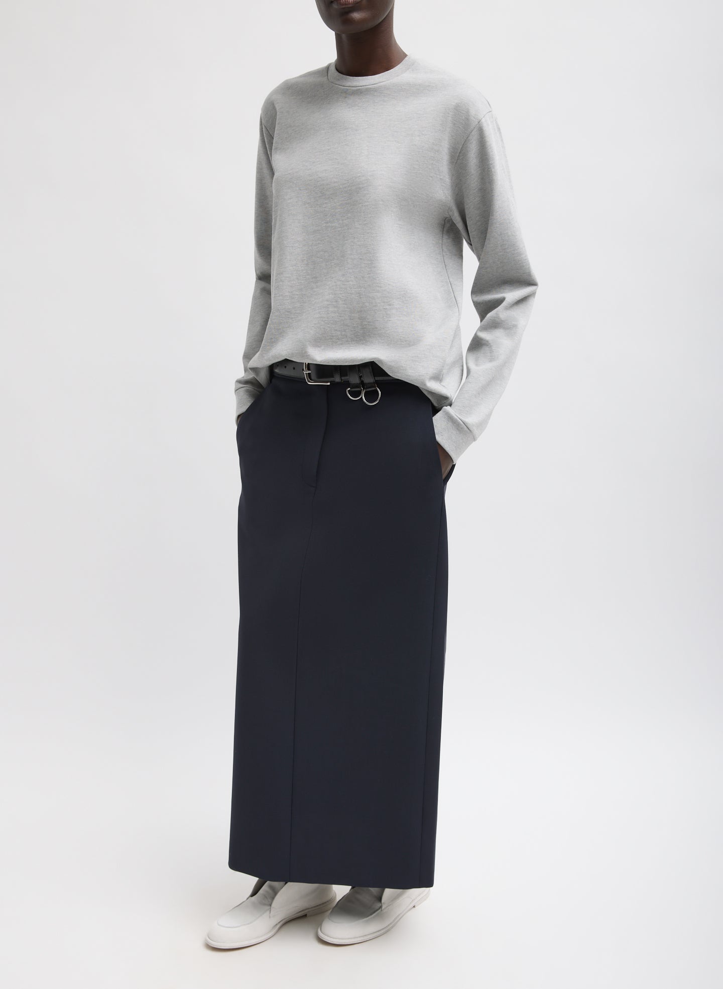 Navy Tropical Wool Maxi Trouser Skirt - full look, front view on model