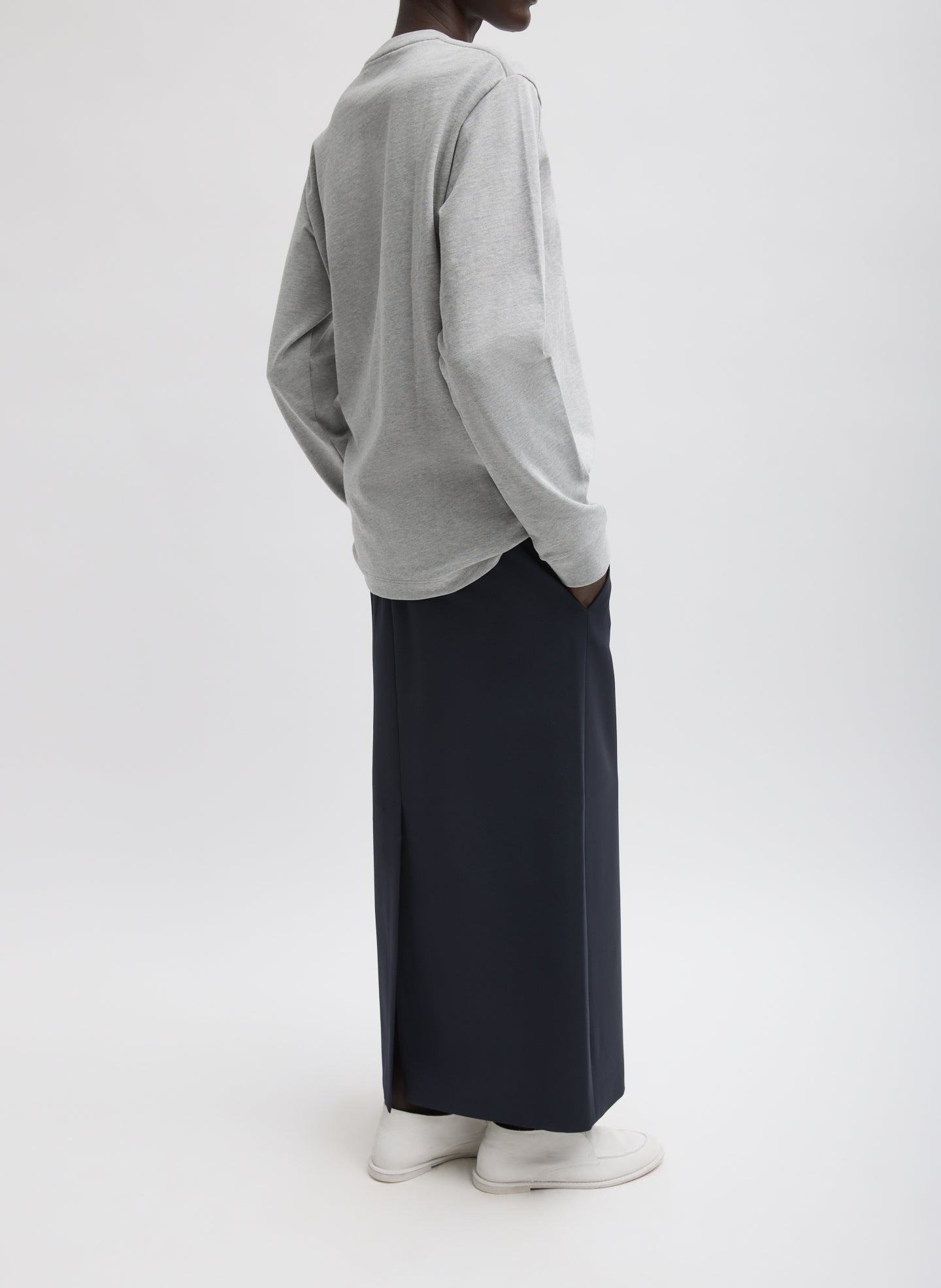 Navy Tropical Wool Maxi Trouser Skirt - full look, back view on model