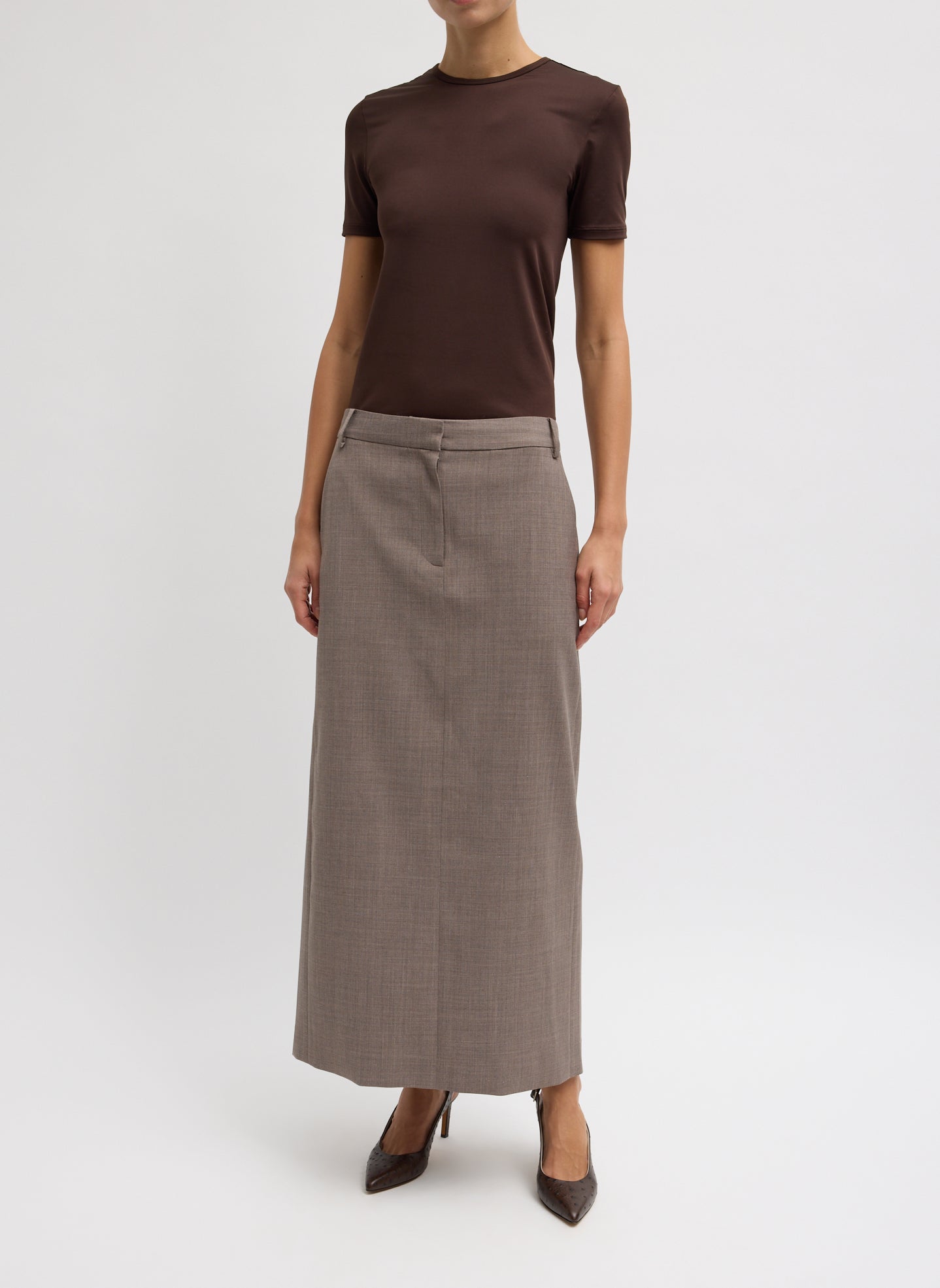 Cedar Melange Tropical Wool Maxi Trouser Skirt - front view on model
