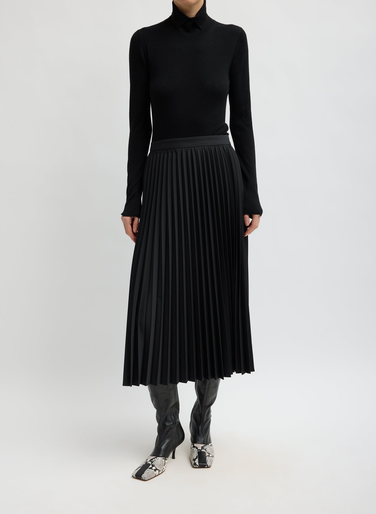 Black Tropical Wool Pleating Sunray Skirt - pleated midi skirt, front view on model