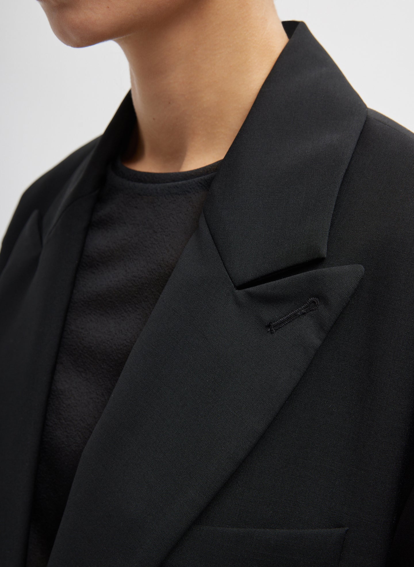 Black Tropical Wool Liam Blazer - closeup of lapel