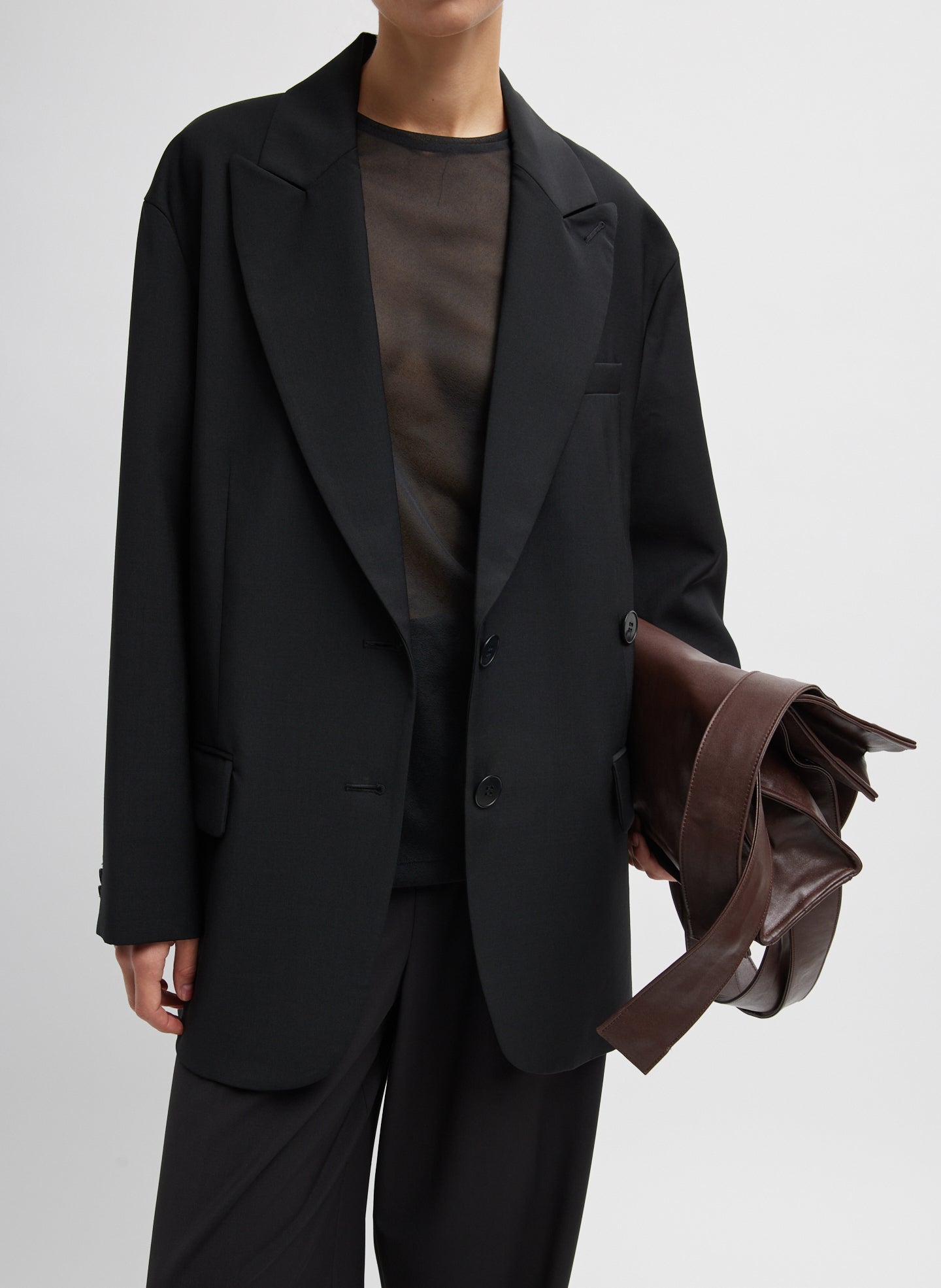 Black Tropical Wool Liam Blazer - oversized fit, front view on model