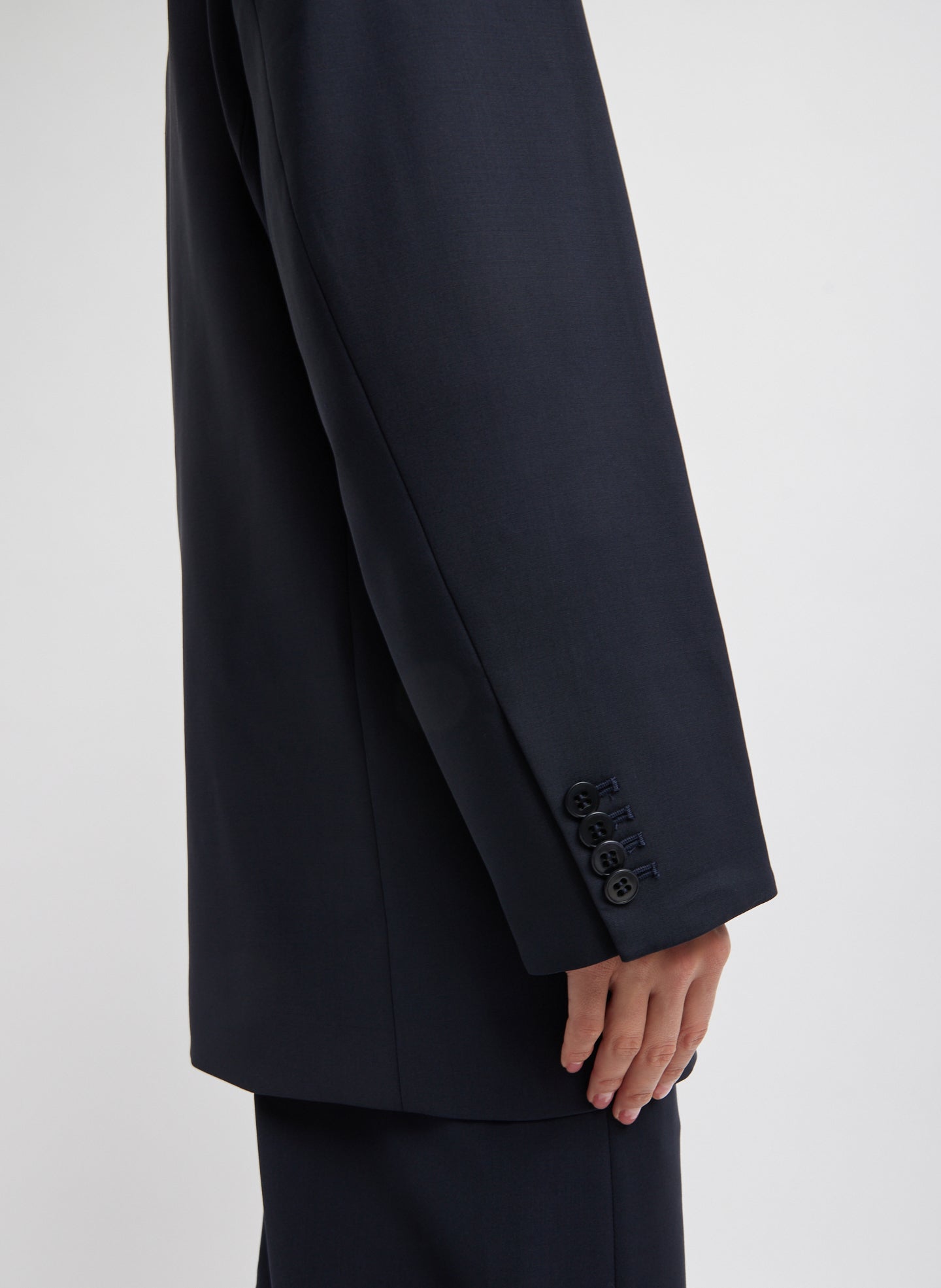 Navy Tropical Wool Liam Blazer - closeup of button details at sleeve