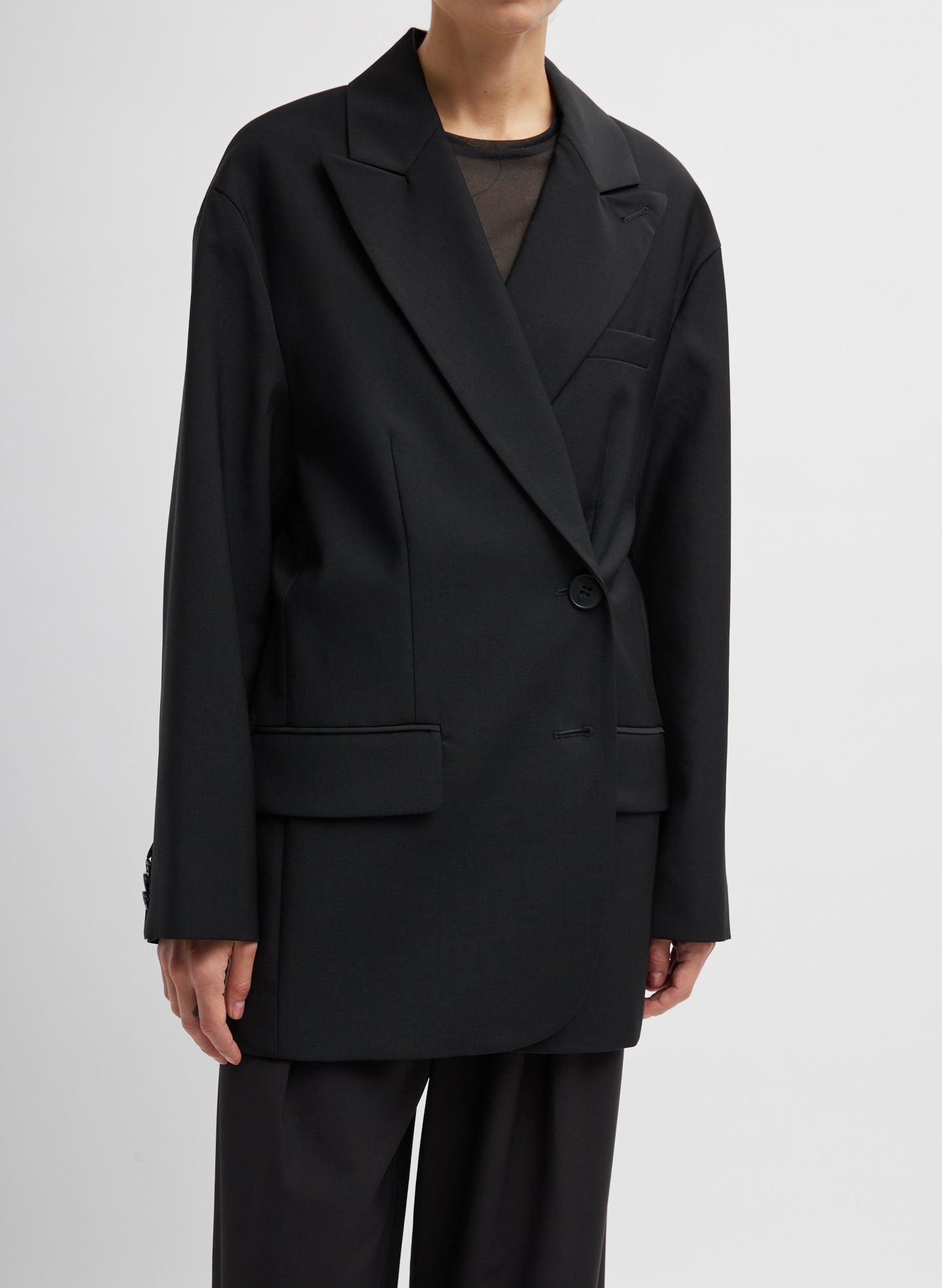 Black Tropical Wool Liam Blazer - oversized fit, front view on model