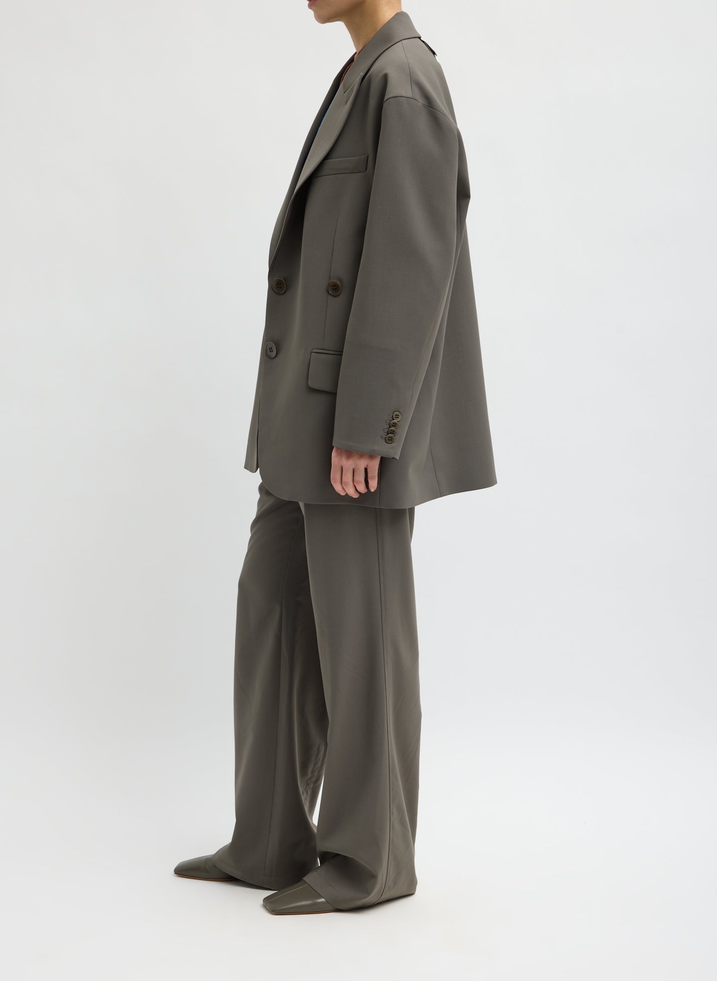 Dark Stone Grey Tropical Wool Liam Blazer - oversized blazer, side view on model