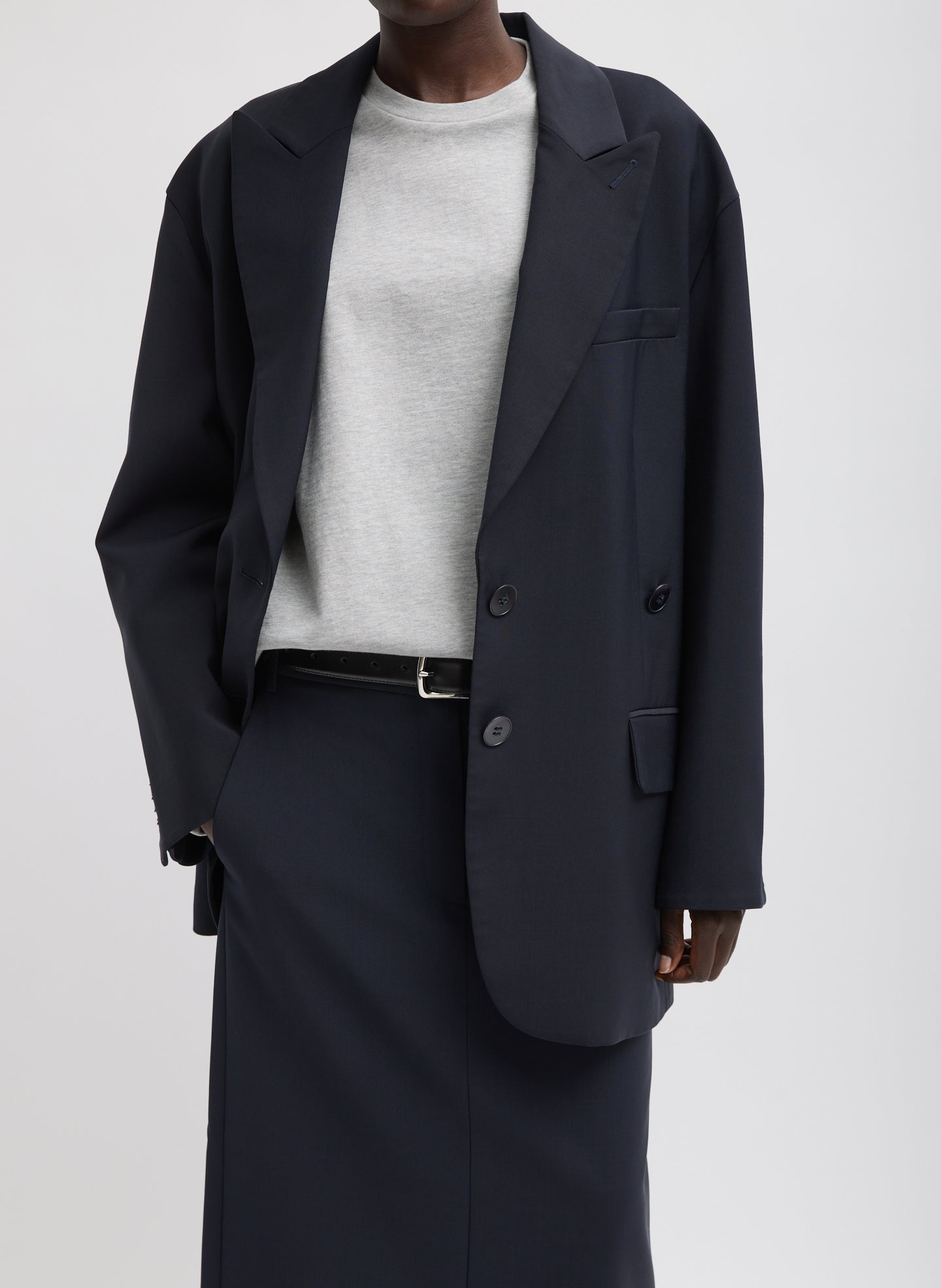 Navy Tropical Wool Liam Blazer - oversized fit, front view on model