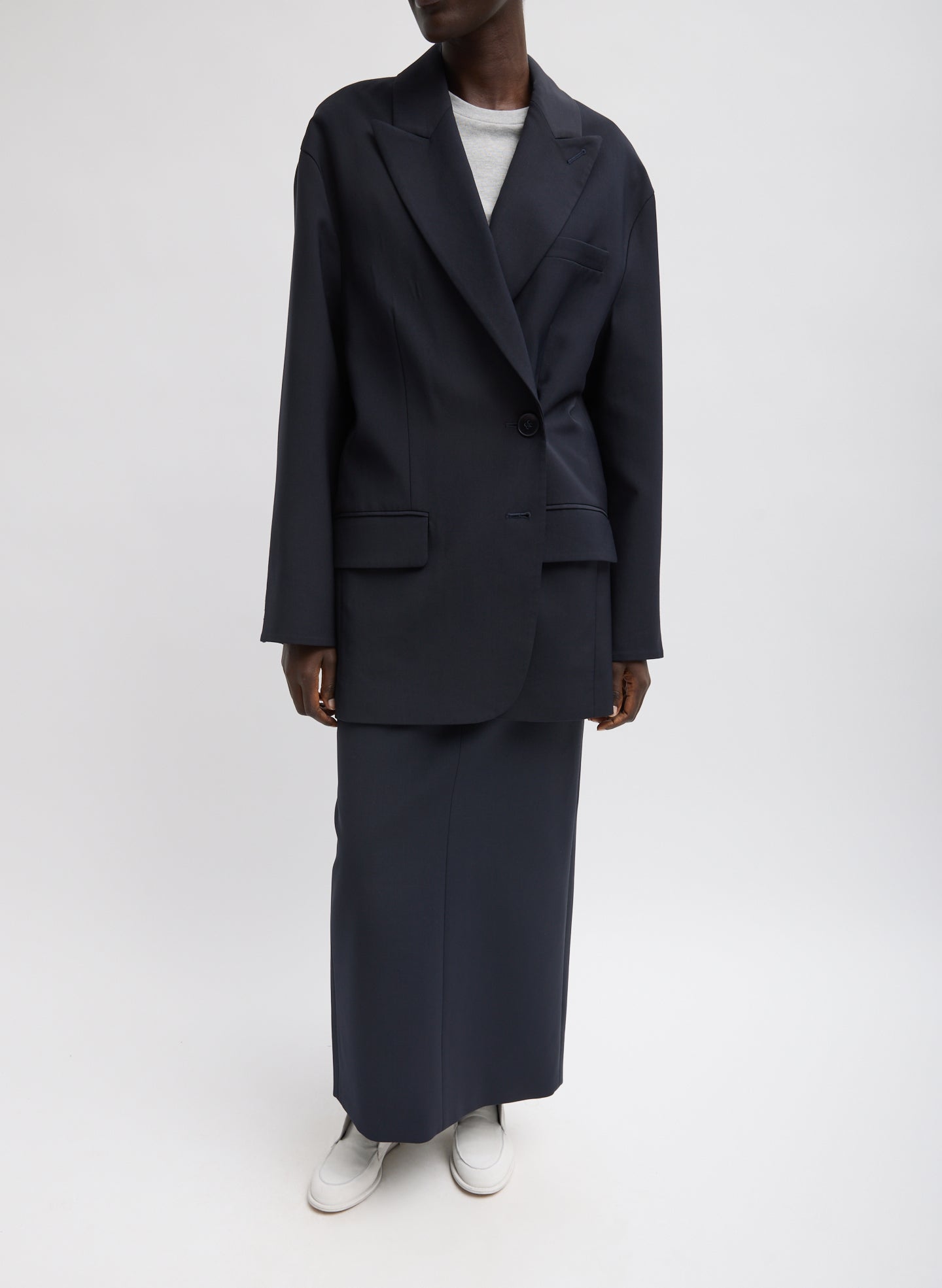 Navy Tropical Wool Liam Blazer - full look, front view on model