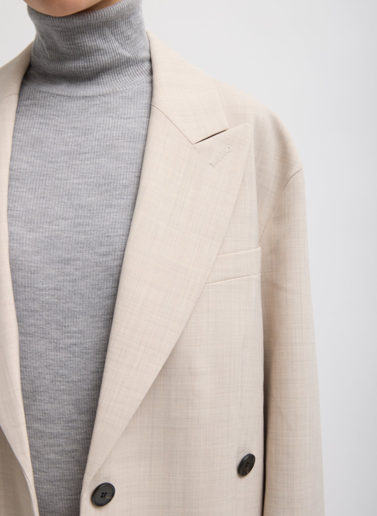 Oatmeal Melange Tropical Wool Liam Blazer - closeup of lapel