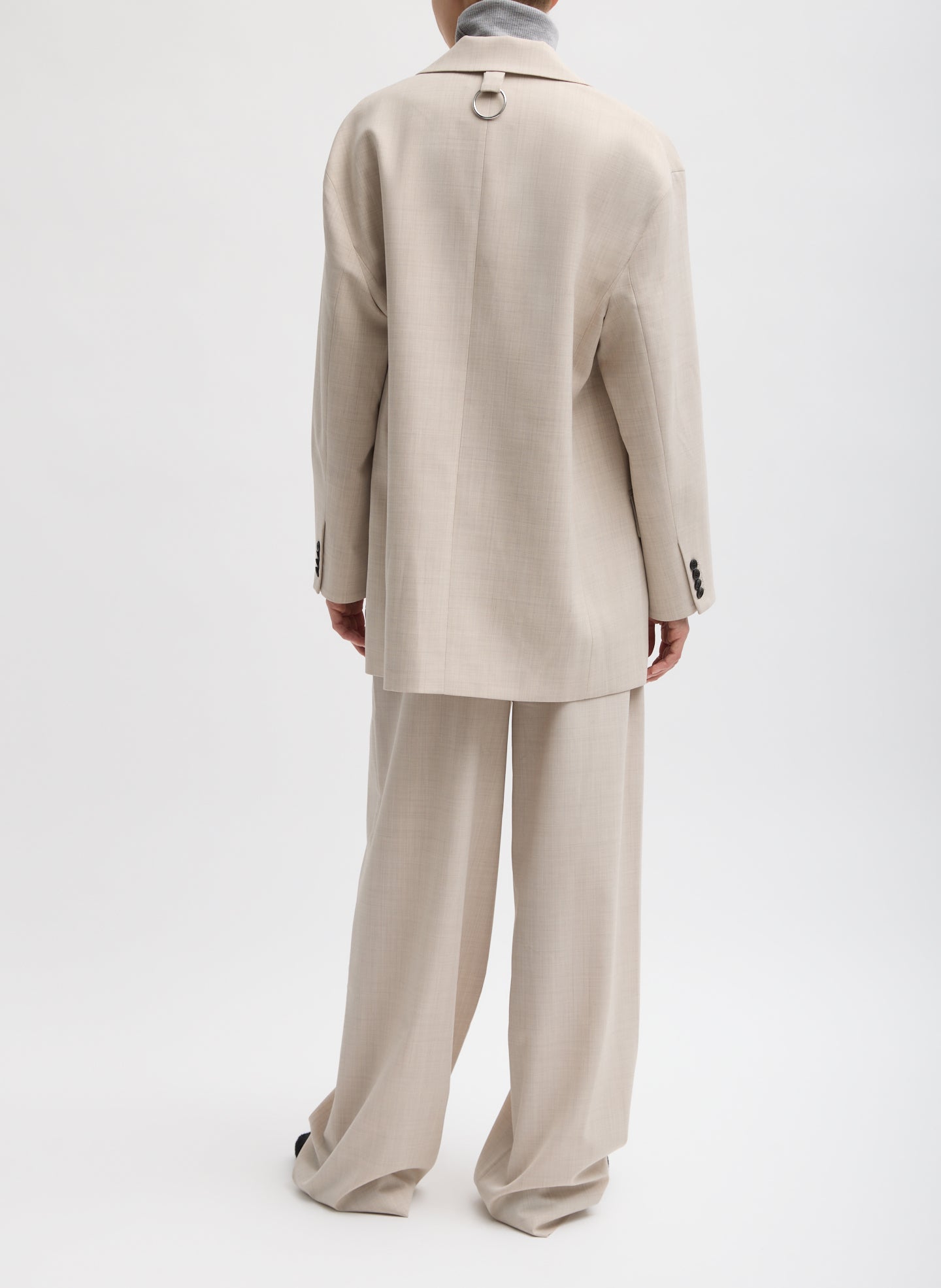 Oatmeal Melange Tropical Wool Liam Blazer - oversized fit, back view on model