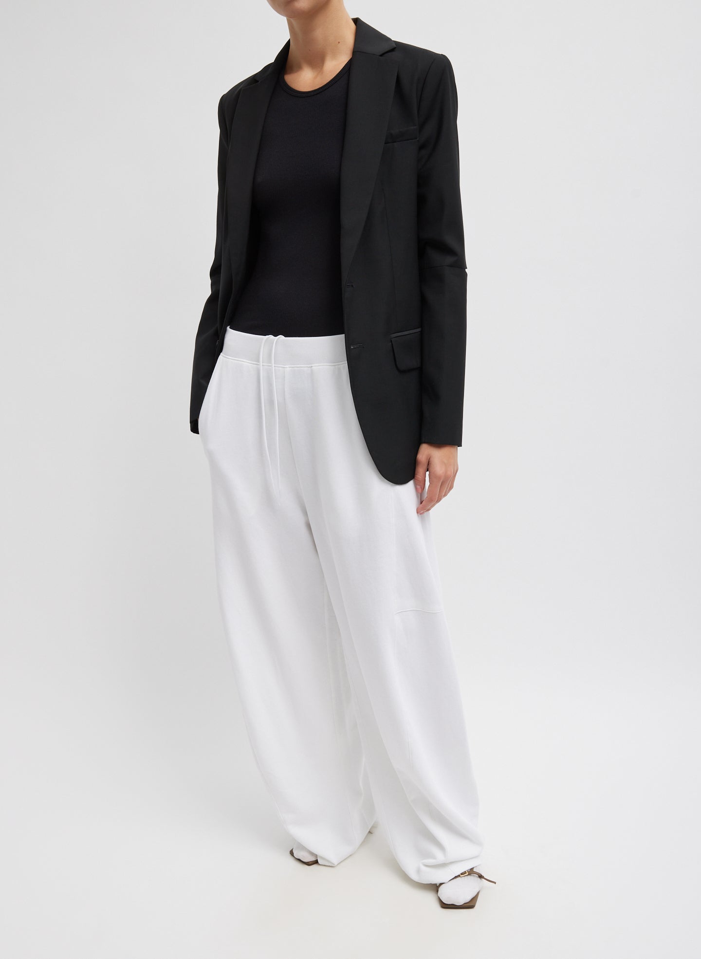 Black Tropical Wool Cutout Sleeve Marlon Blazer - single breasted, front view on model