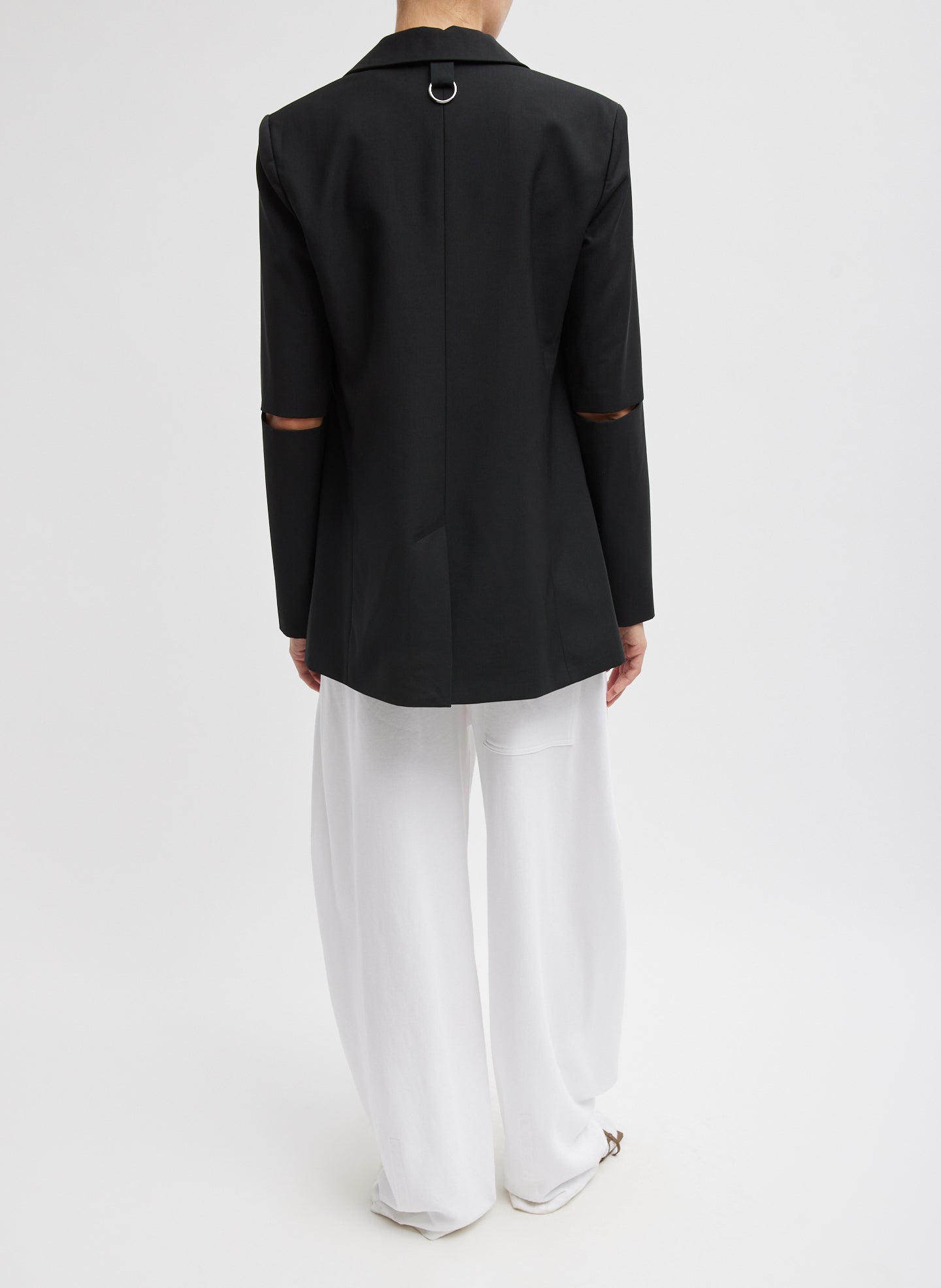 Black Tropical Wool Cutout Sleeve Marlon Blazer - full look, back view on model