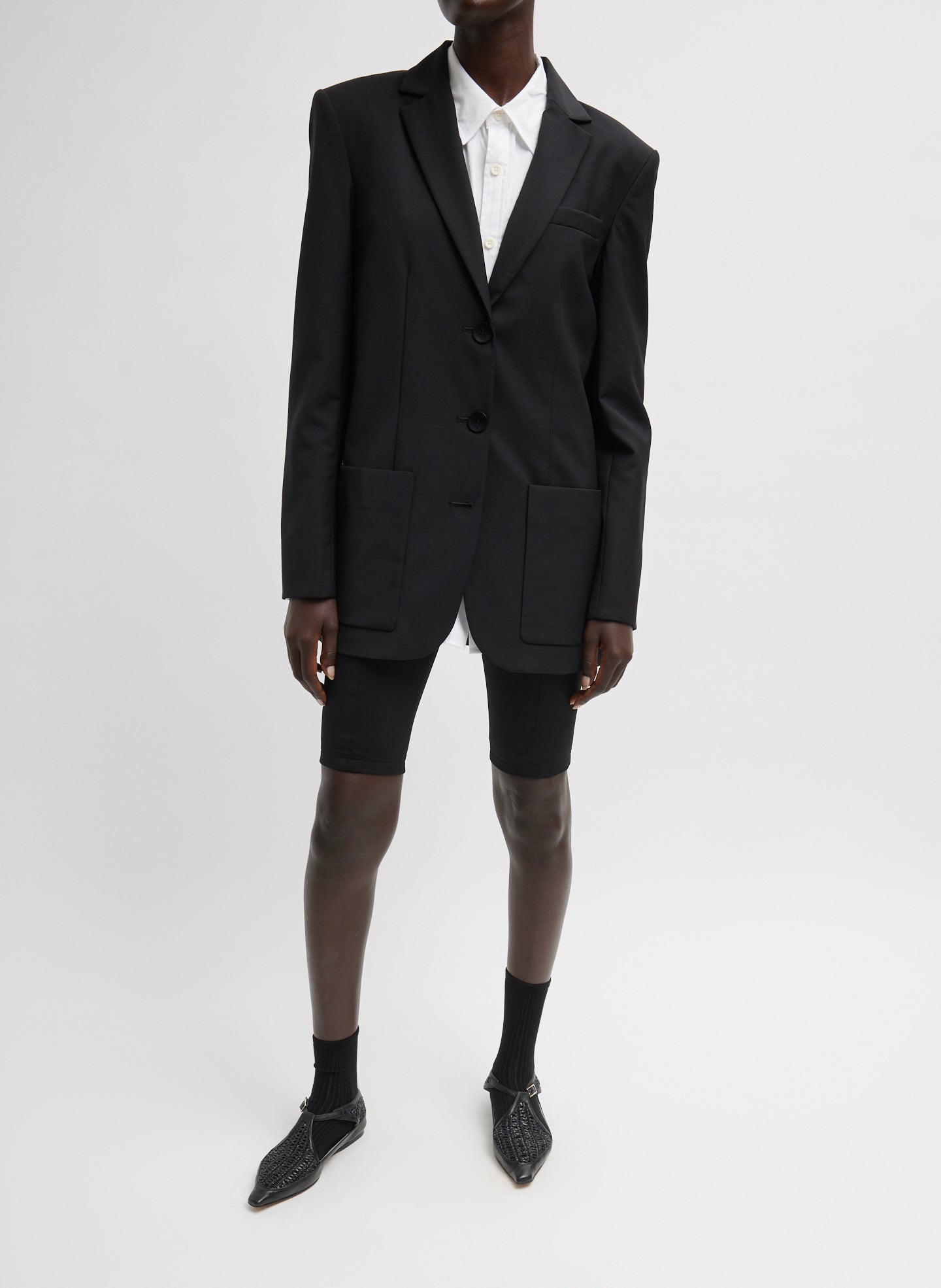 Black Tropical Wool Max Blazer - single breasted, front view on model