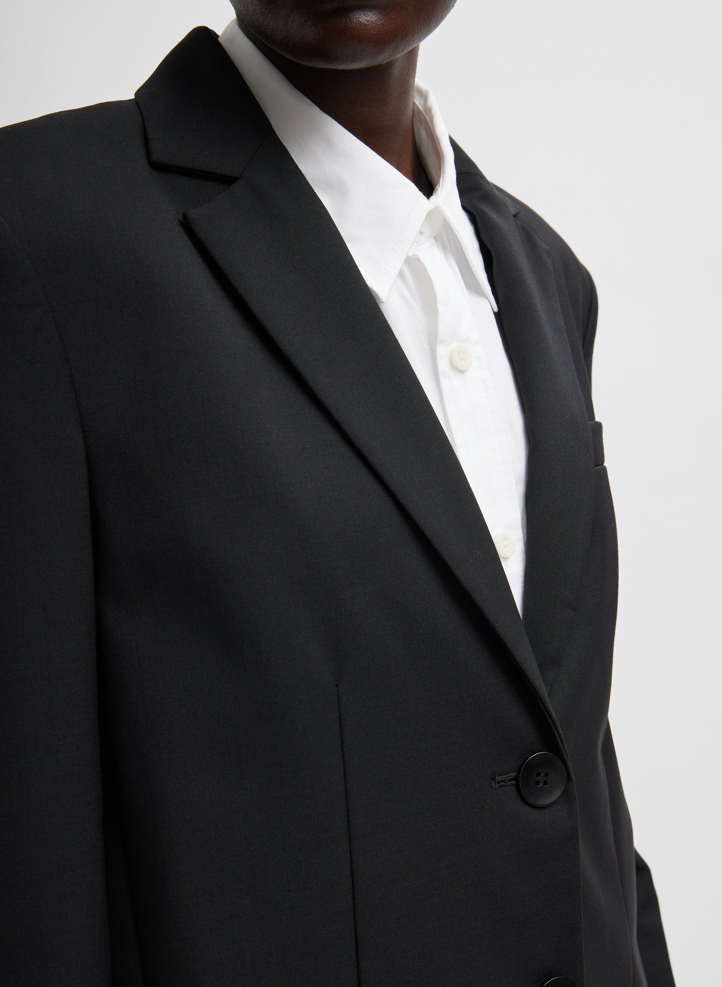 Black Tropical Wool Max Blazer - closeup of lapels