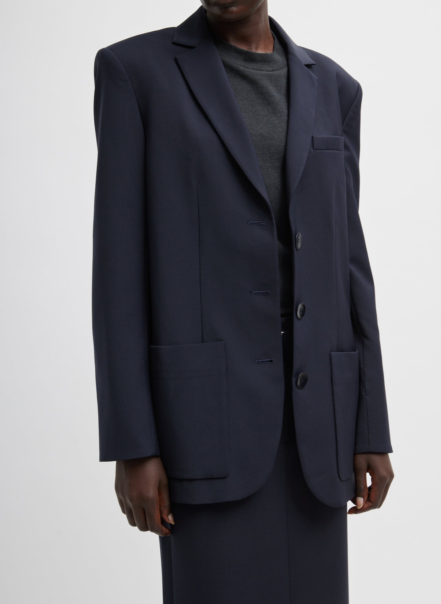 Navy Tropical Wool Max Blazer - single breasted, front view on model