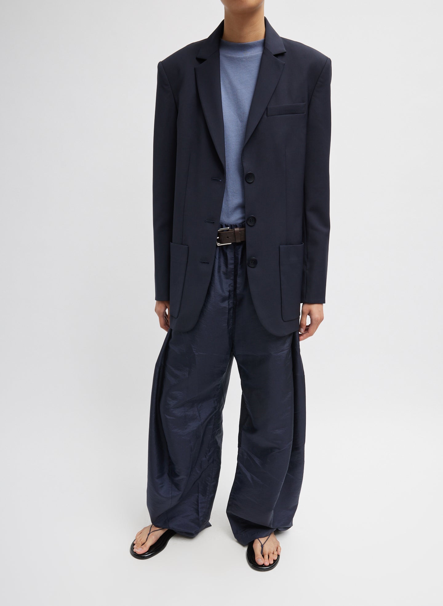 Navy Tropical Wool Max Blazer - single breasted, front view on model