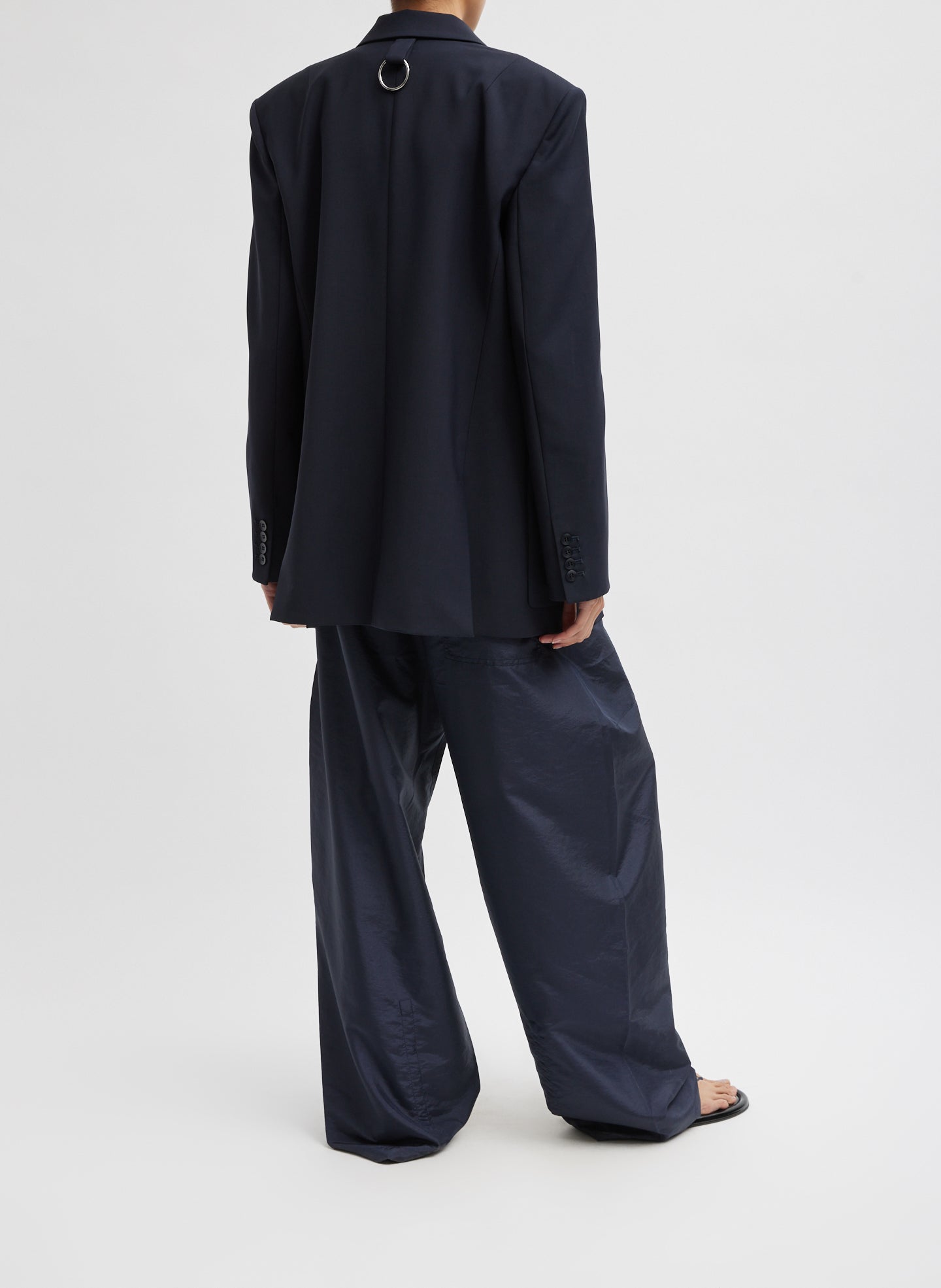 Navy Tropical Wool Max Blazer - full look, back view on model