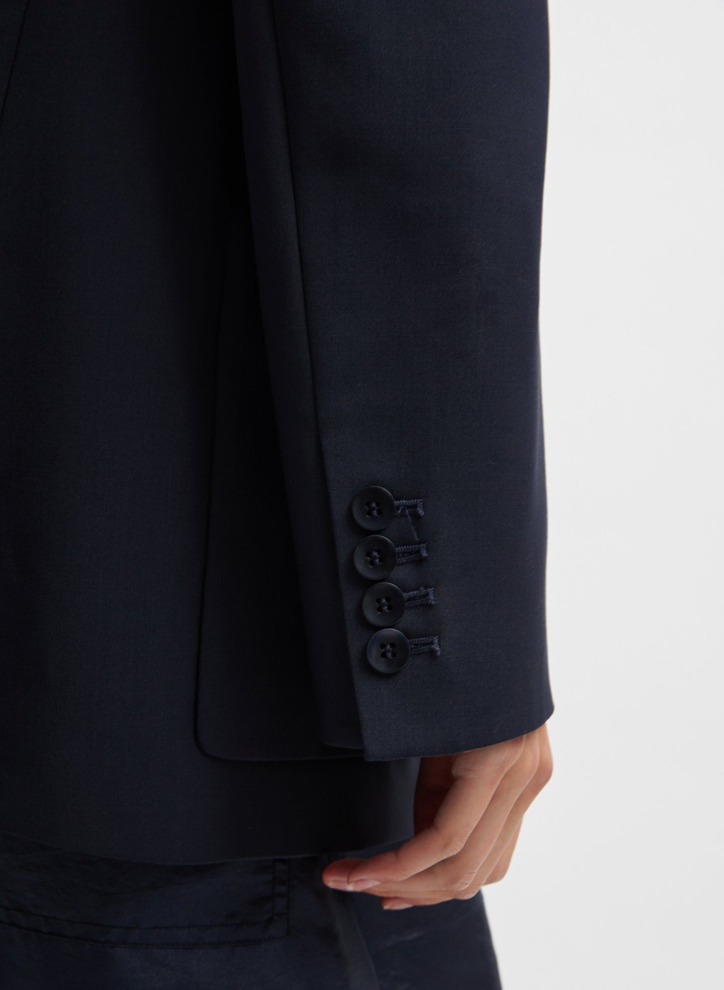 Navy Tropical Wool Max Blazer - closeup of button details on sleeve