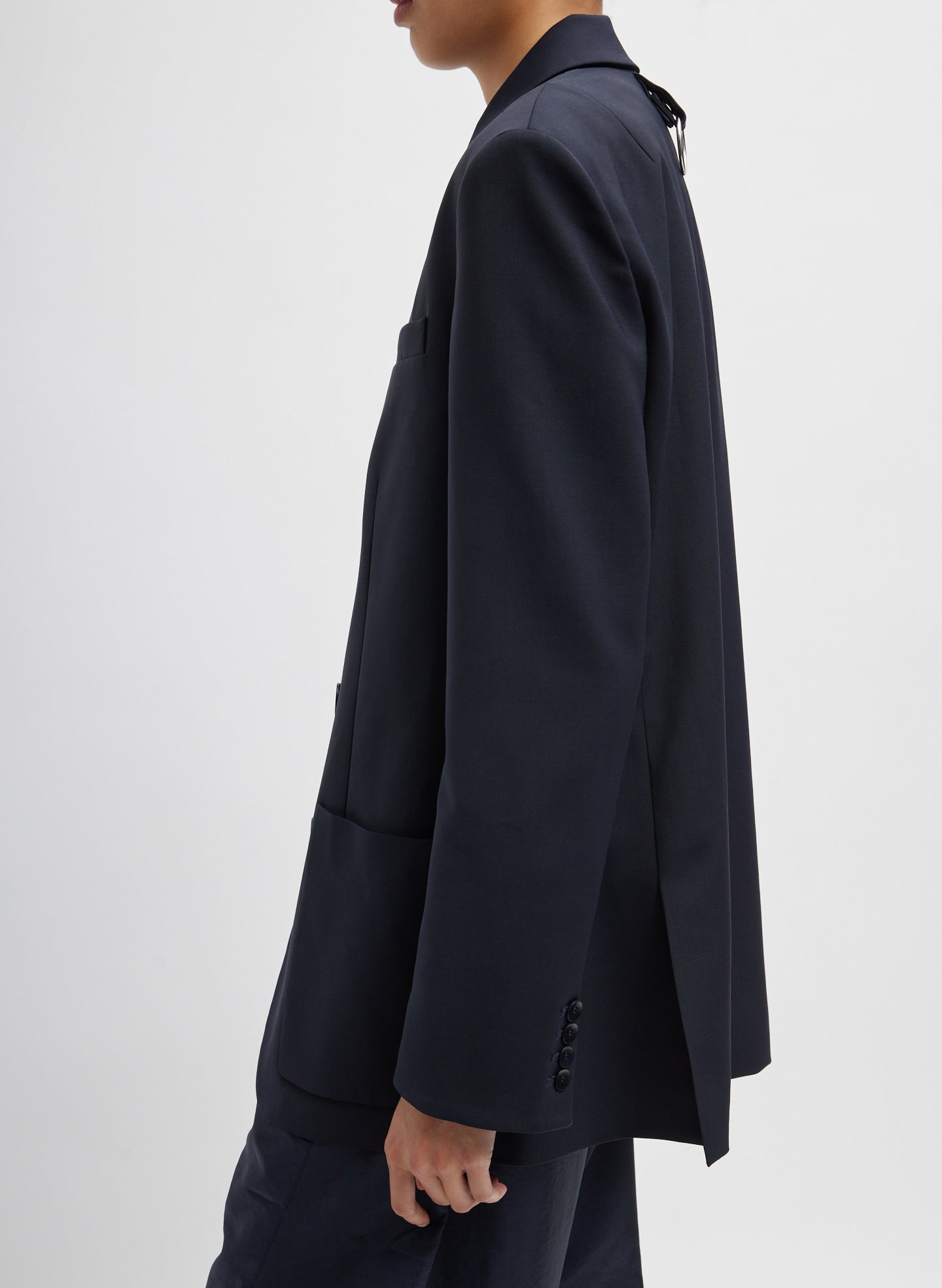 Navy Tropical Wool Max Blazer - single breasted, side view on model