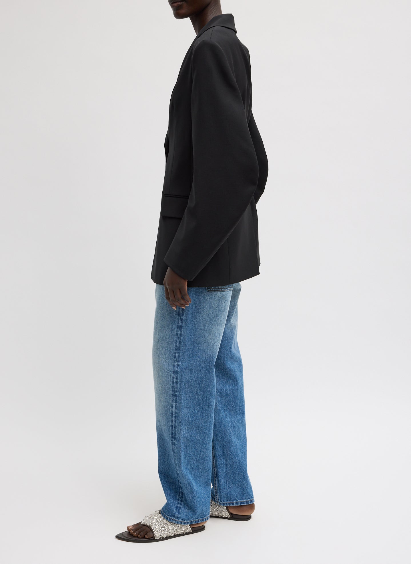 Black Tropical Wool Sculpted Blazer - full look, side view on model