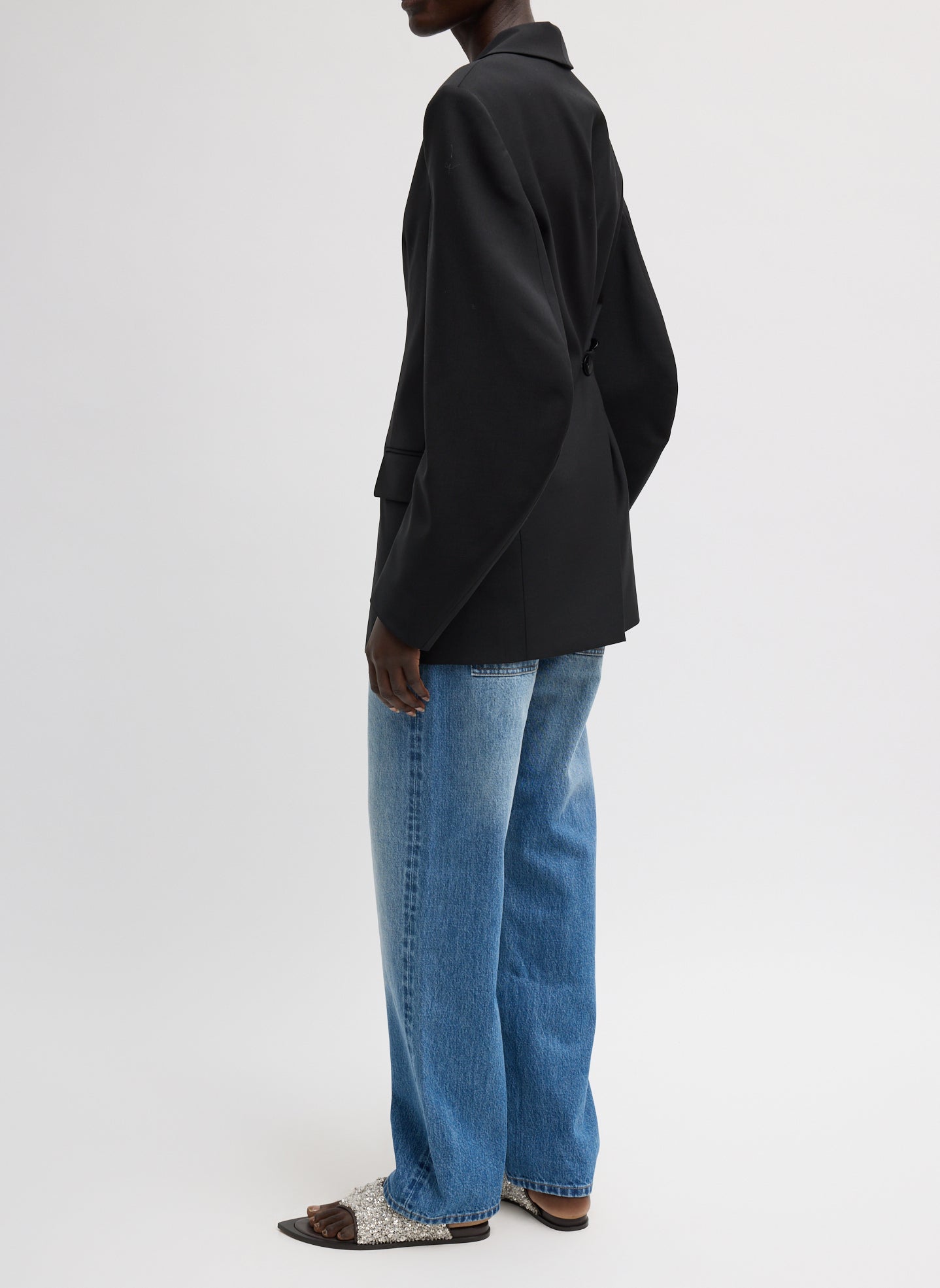 Black Tropical Wool Sculpted Blazer - full look, side view on model