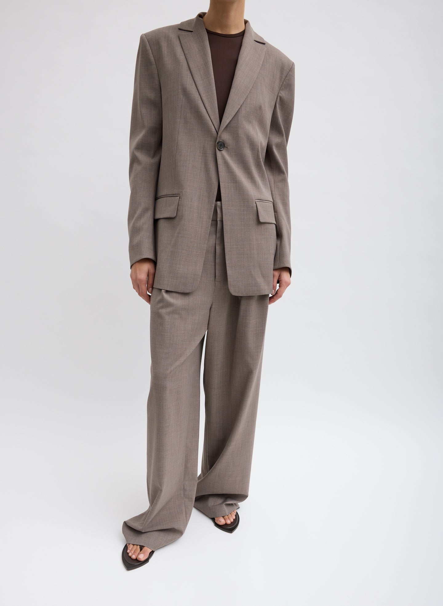 Cedar Melange Tropical Wool Sculpted Blazer - full look, front view on model