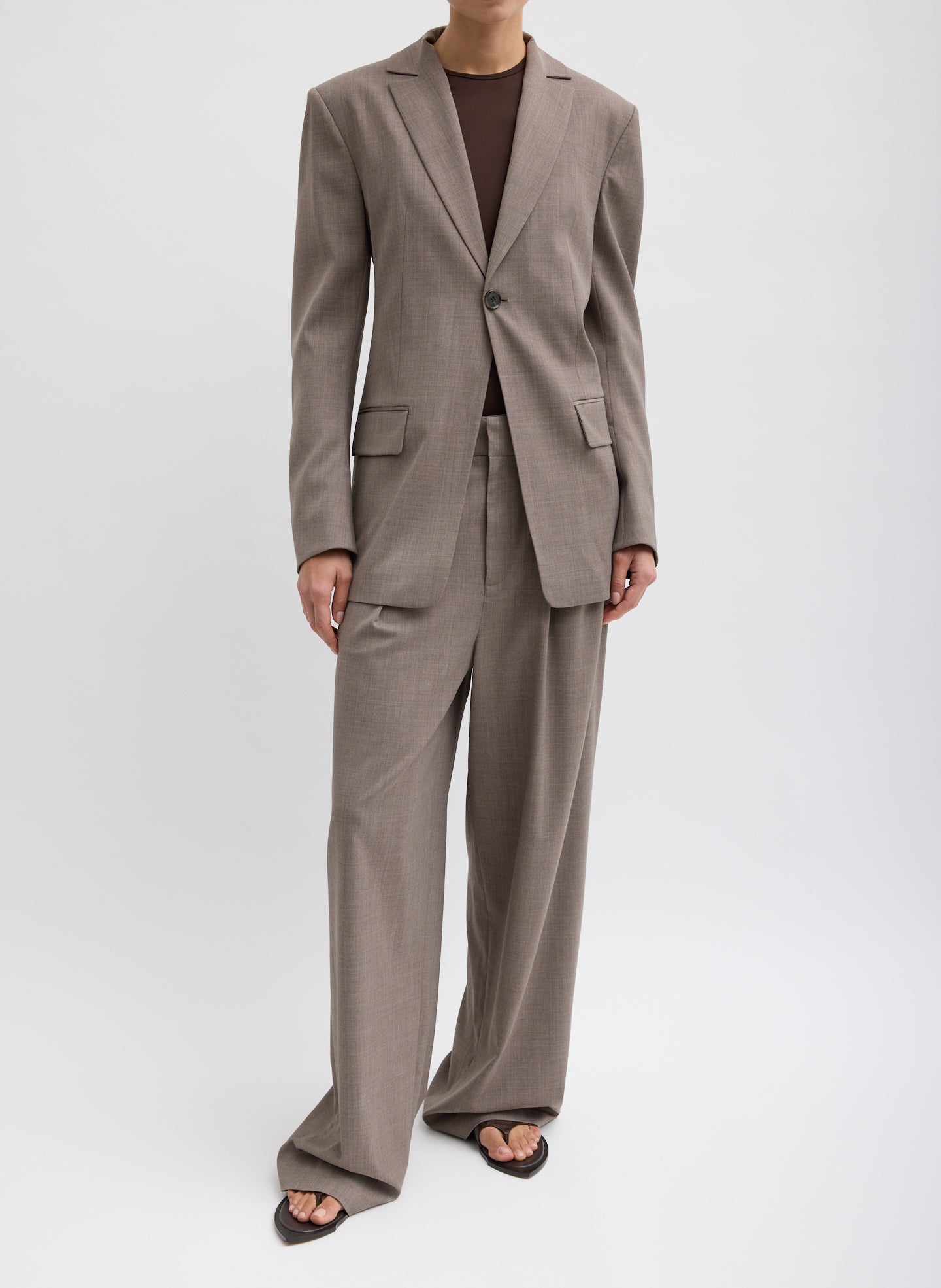 Cedar Melange Tropical Wool Sculpted Blazer - full look, front view on model