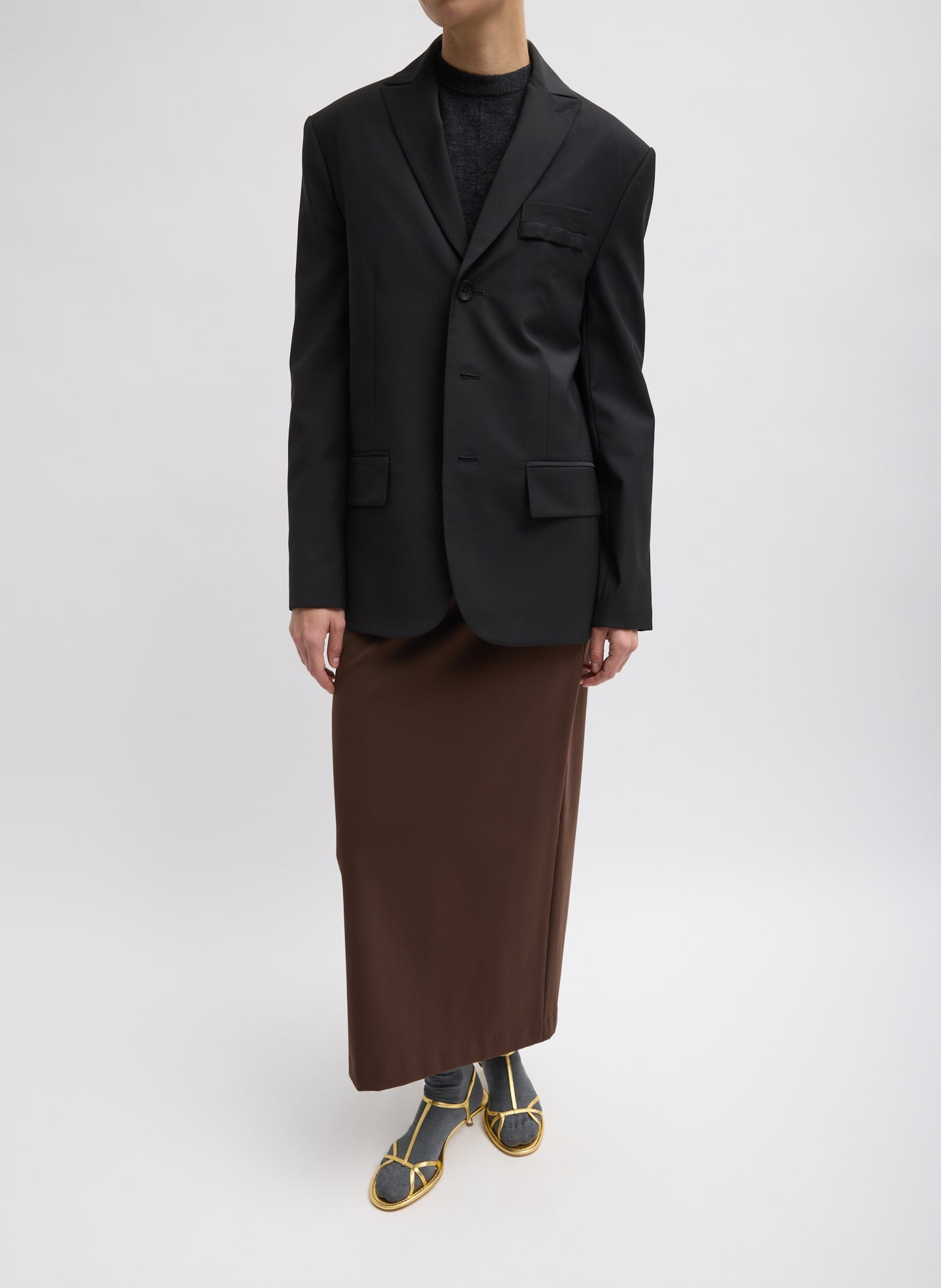 Black Tropical Wool Dennis Cutout Blazer - full look, front view on model