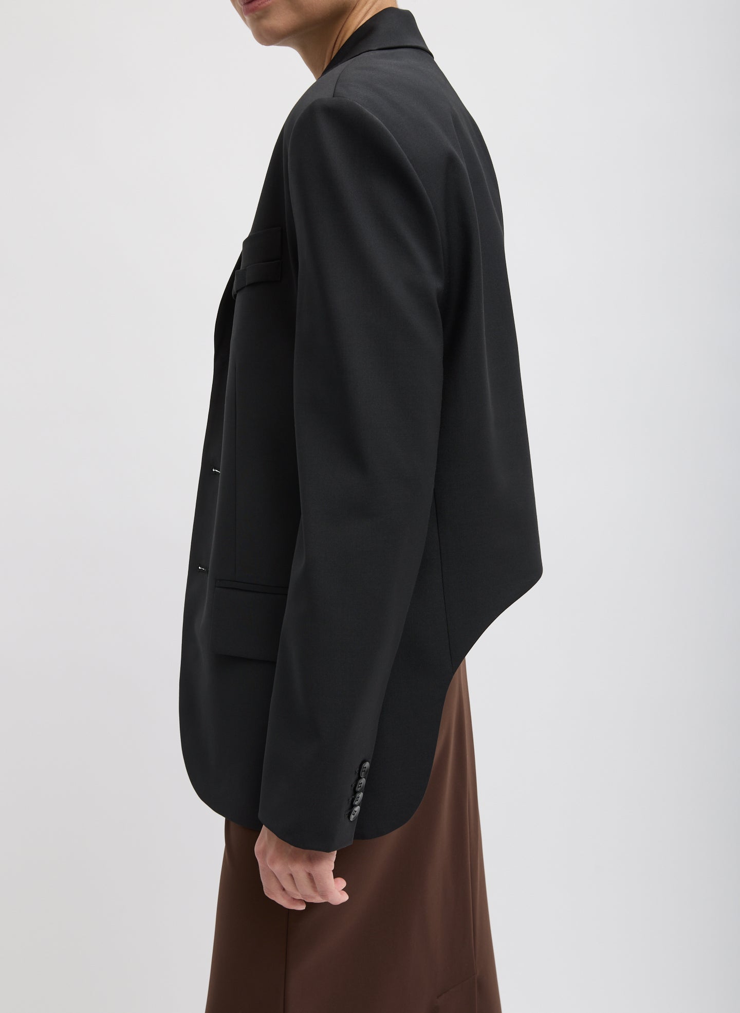 Black Tropical Wool Dennis Cutout Blazer - single breasted, side view on model