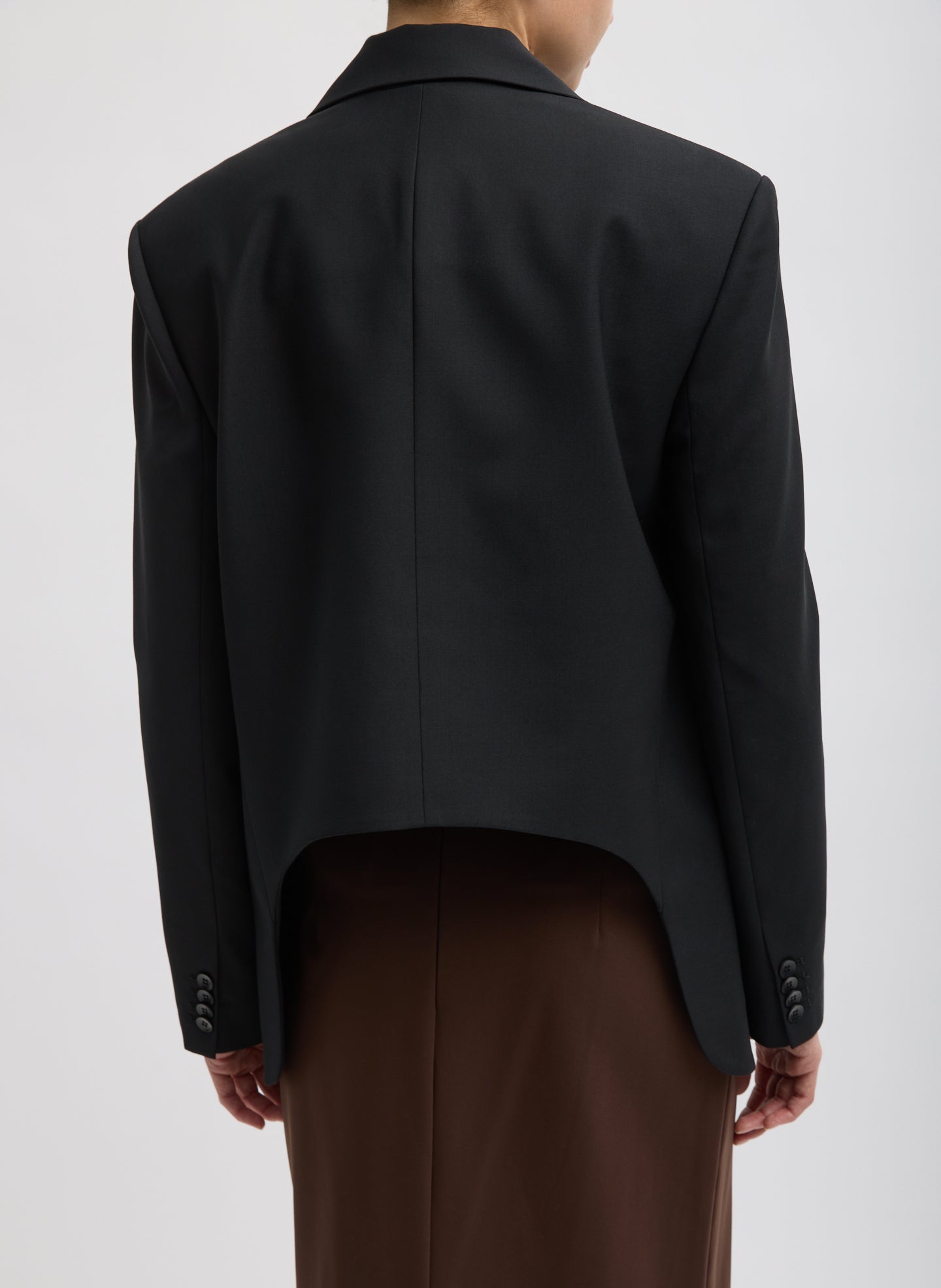 Black Tropical Wool Dennis Cutout Blazer - single breasted, back view on model