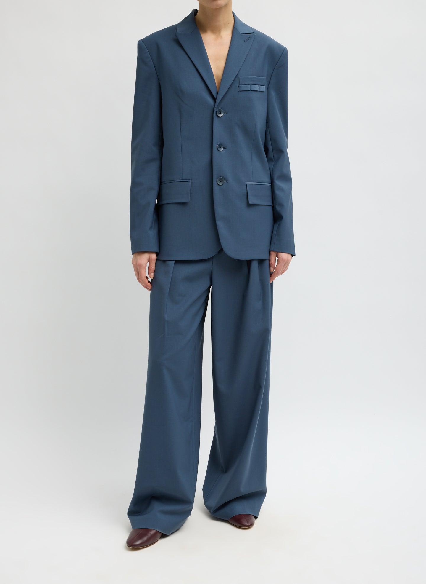 Blue Fog Tropical Wool Dennis Cutout Blazer - front view on model