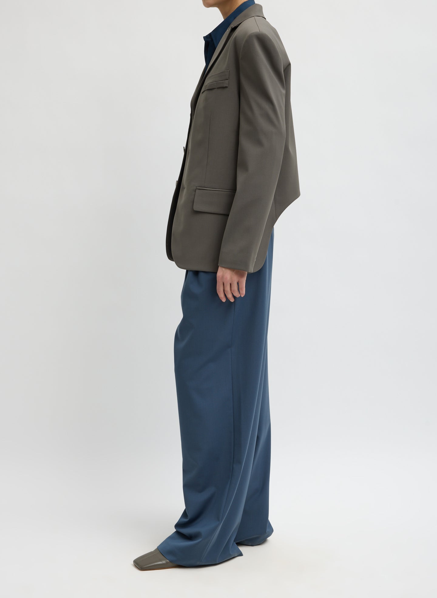 Dark Stone Grey Tropical Wool Dennis Cut Out Blazer - single breasted blazer, side view on model