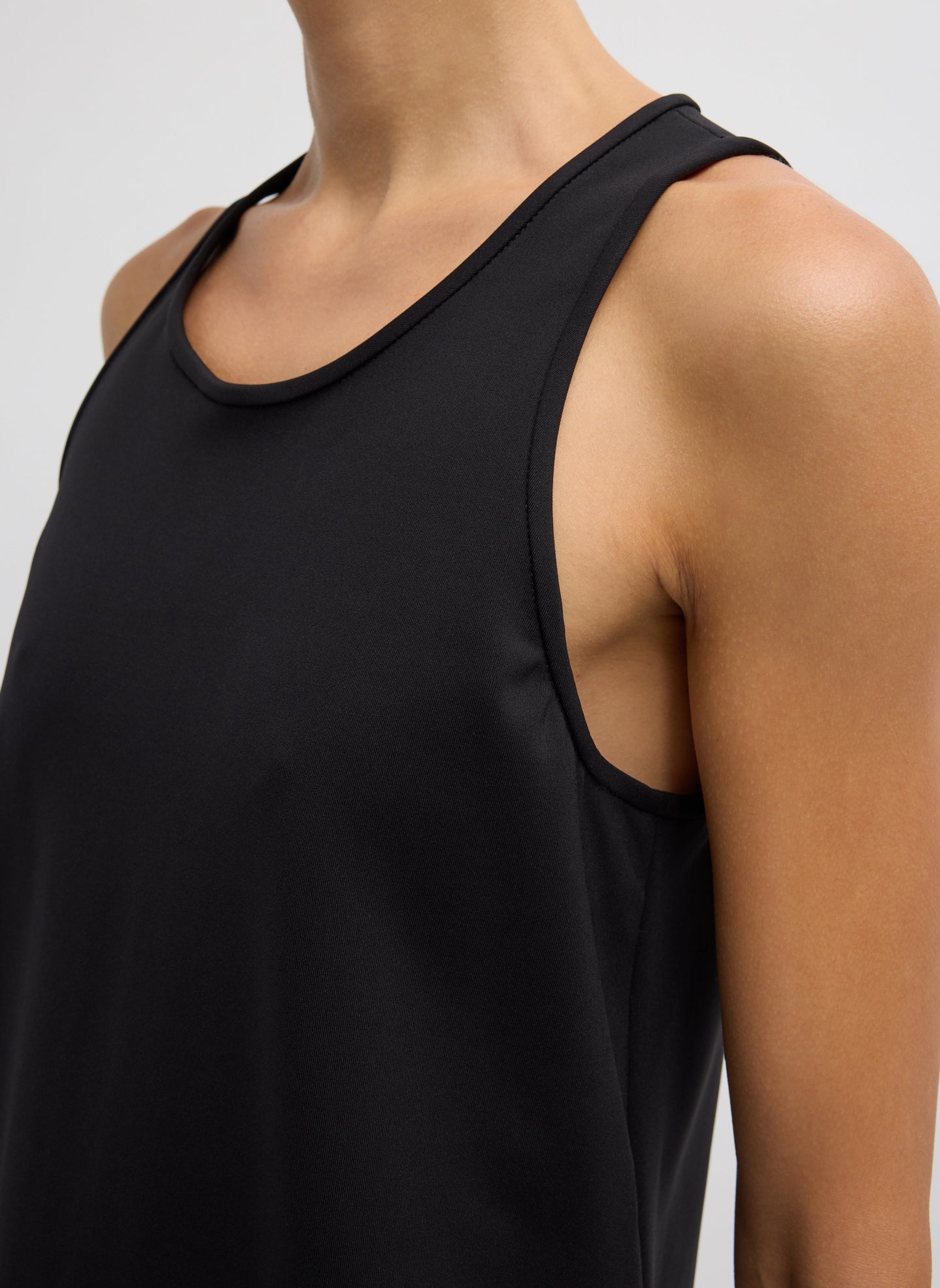 Black Compact Ultra Stretch Knit Sleeveless Maxi Dress - closeup of neckline