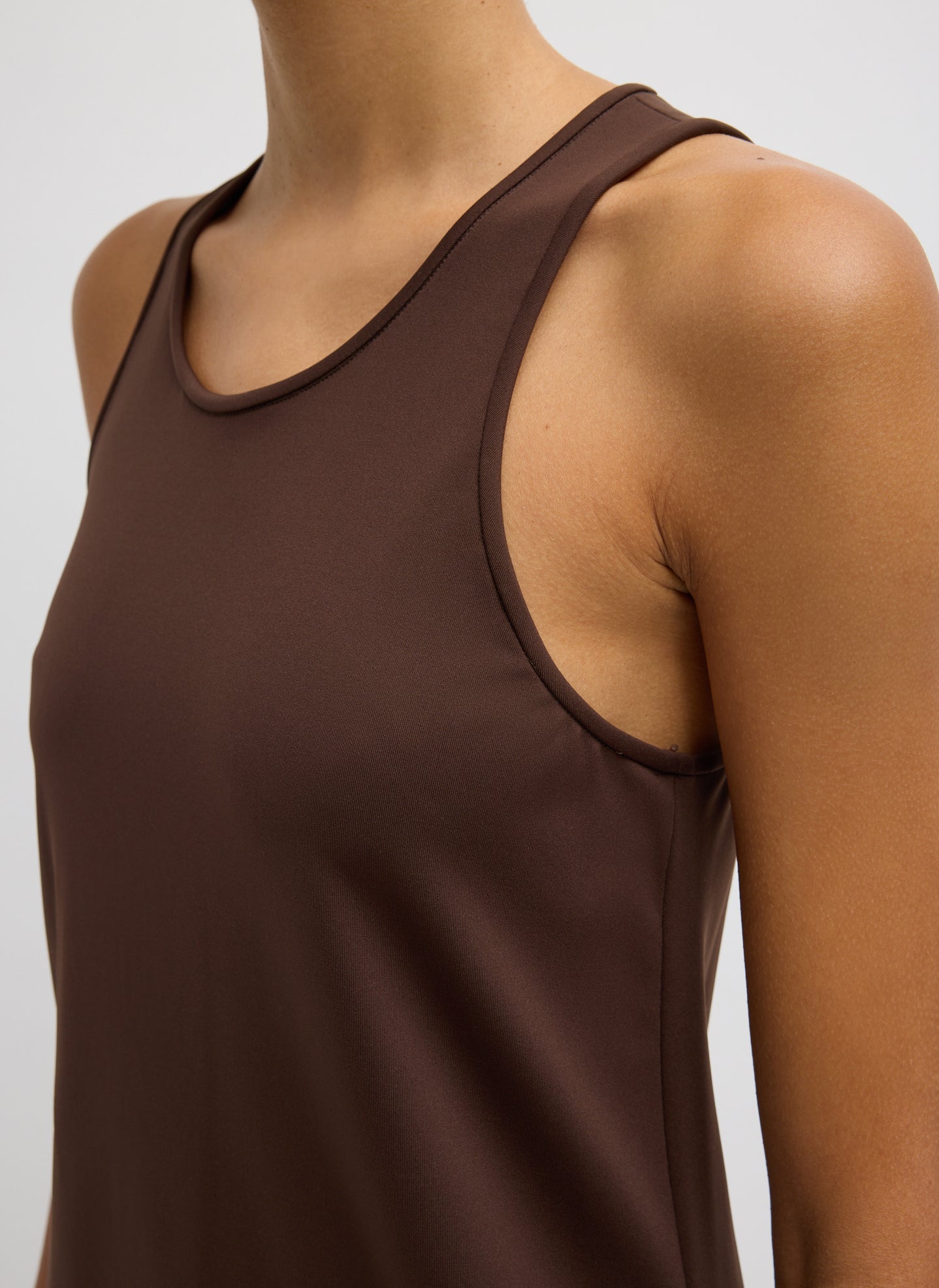 Brown Compact Ultra Stretch Knit Sleeveless Maxi Dress - closeup of neckline