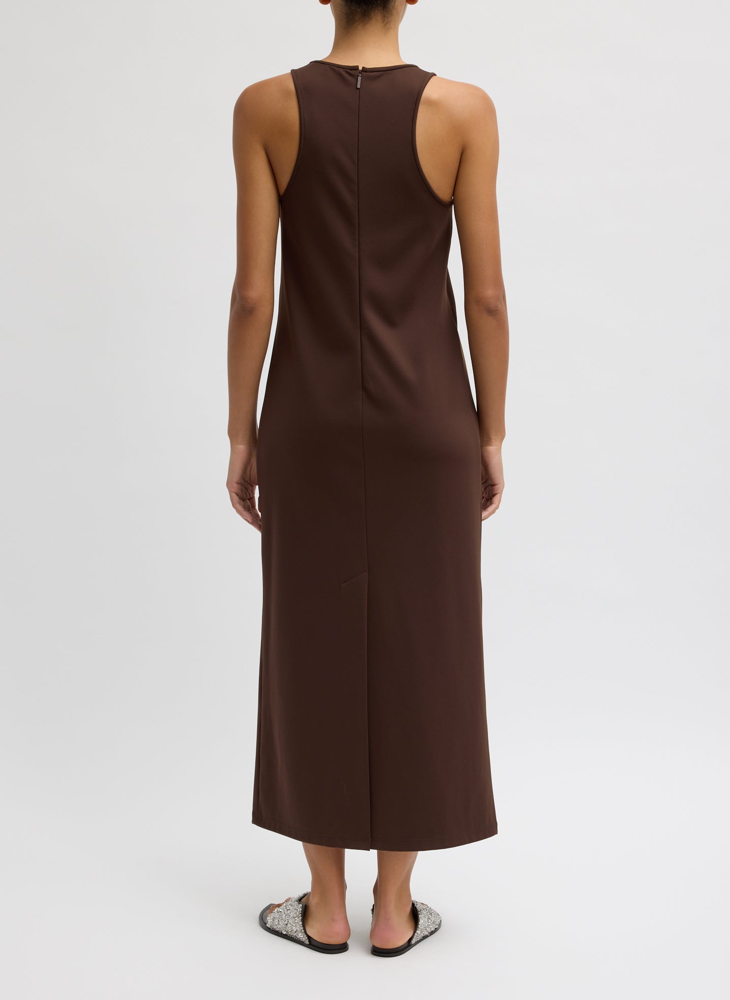 Brown Compact Ultra Stretch Knit Sleeveless Maxi Dress - back view on model