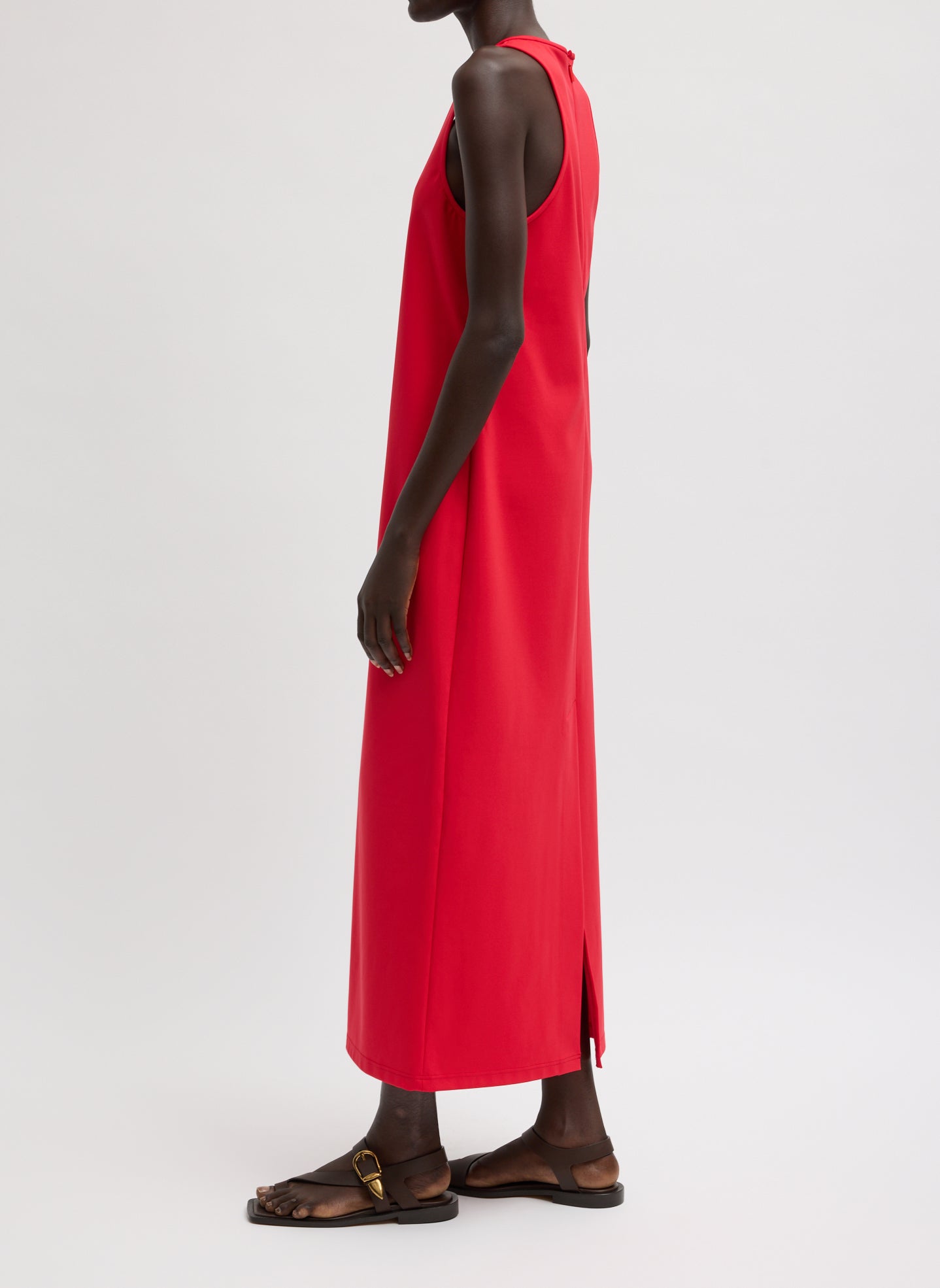 Red Compact Ultra Stretch Knit Sleeveless Maxi Dress - side view on model
