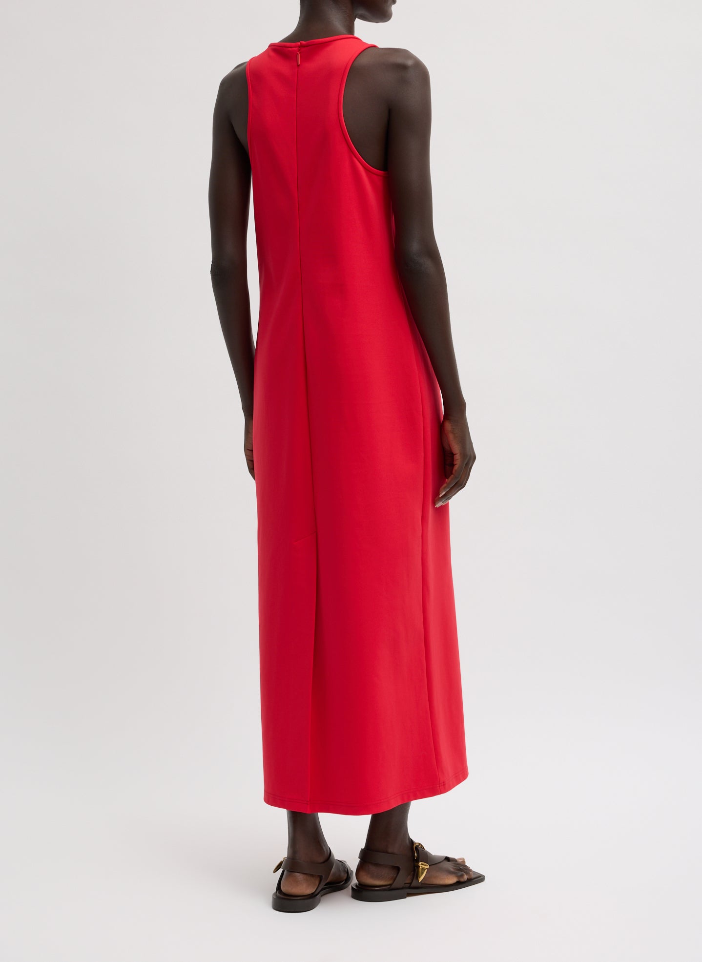 Red Compact Ultra Stretch Knit Sleeveless Maxi Dress - back view on model