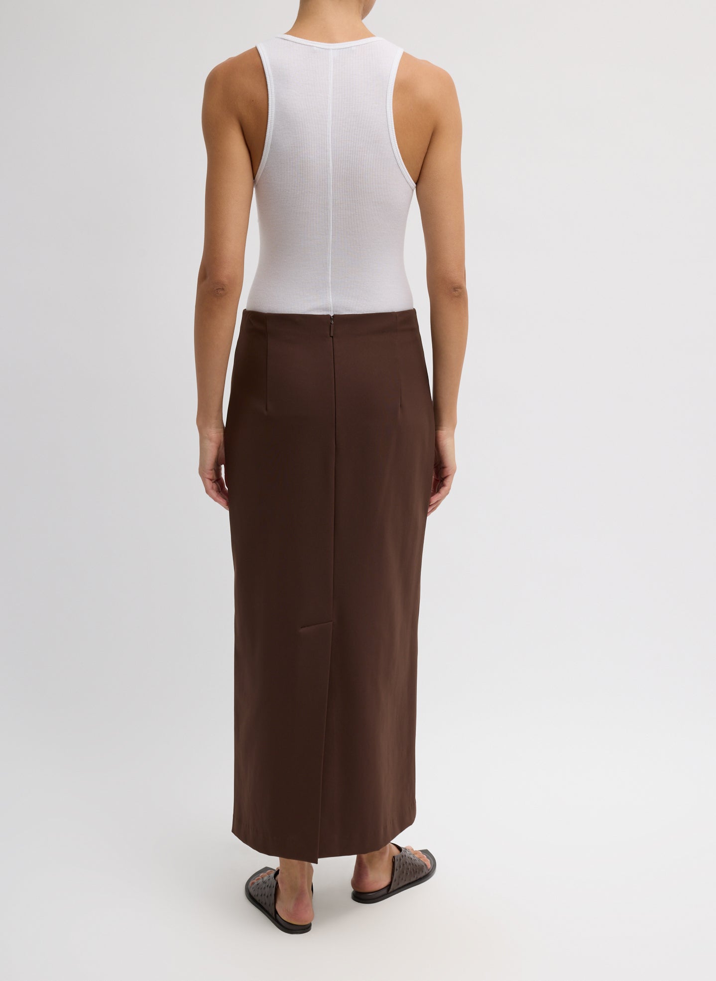 Brown Compact Ultra Stretch Knit Pencil Skirt - maxi skirt, back view on model