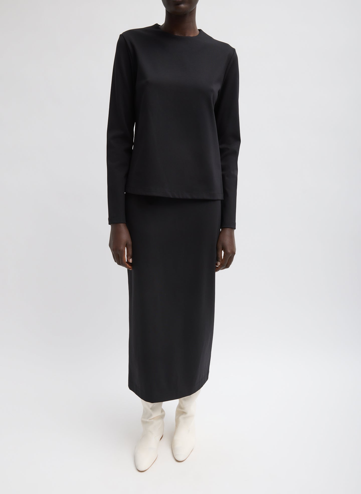 Black Compact Ultra Stretch Knit Long Sleeve Slim Top - full look, front view on model