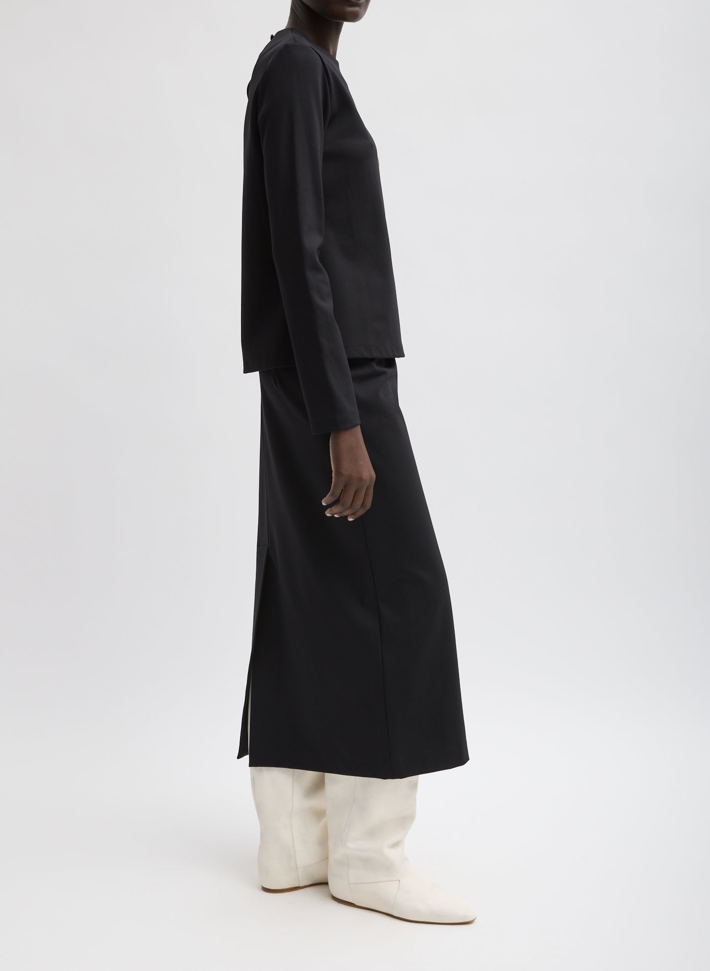 Black Compact Ultra Stretch Knit Long Sleeve Slim Top - full look, side view on model