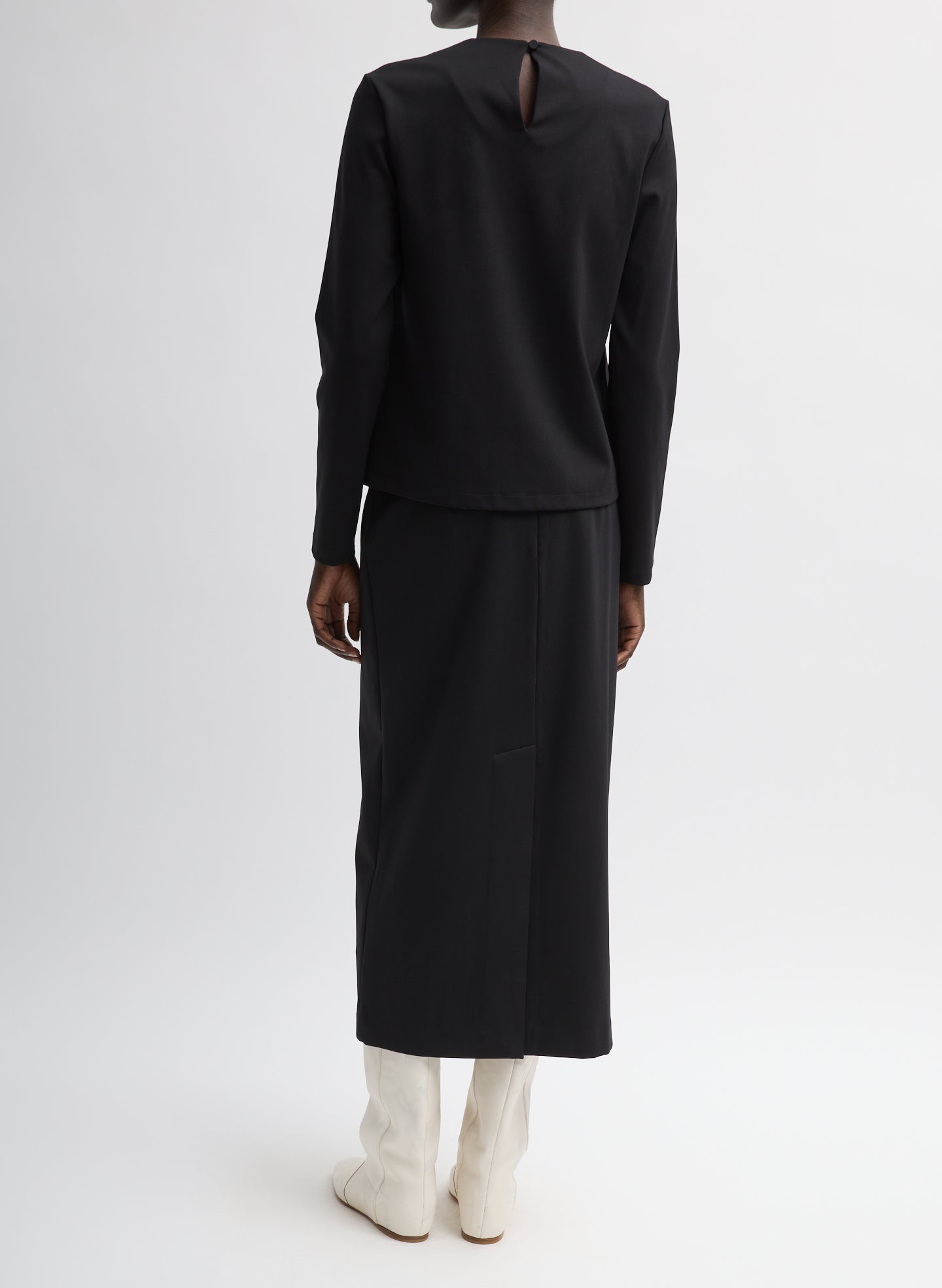 Black Compact Ultra Stretch Knit Long Sleeve Slim Top - full look, back view on model