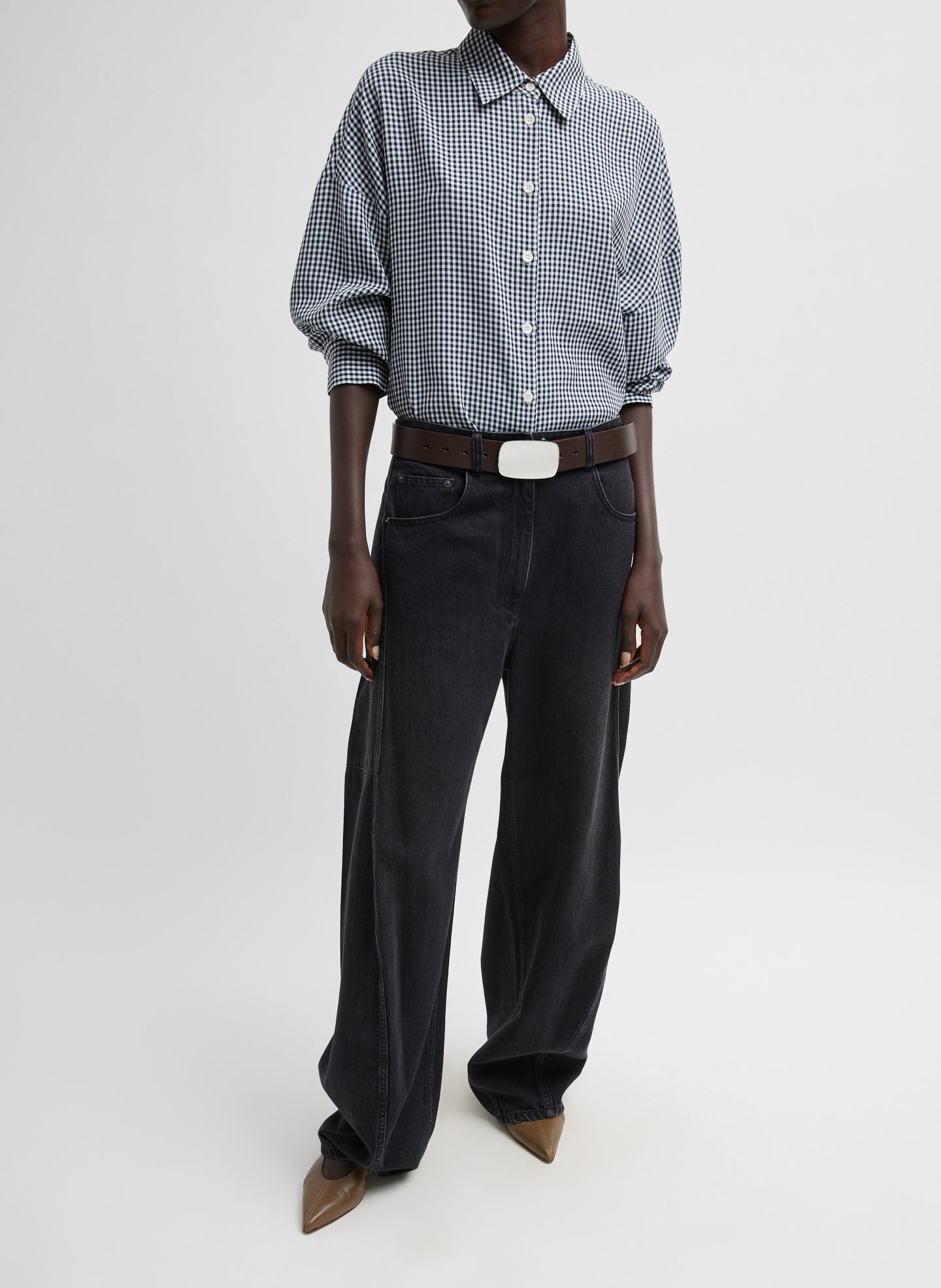 Navy Multi Viscose Gingham Oversized Shirt - button down, front view on model