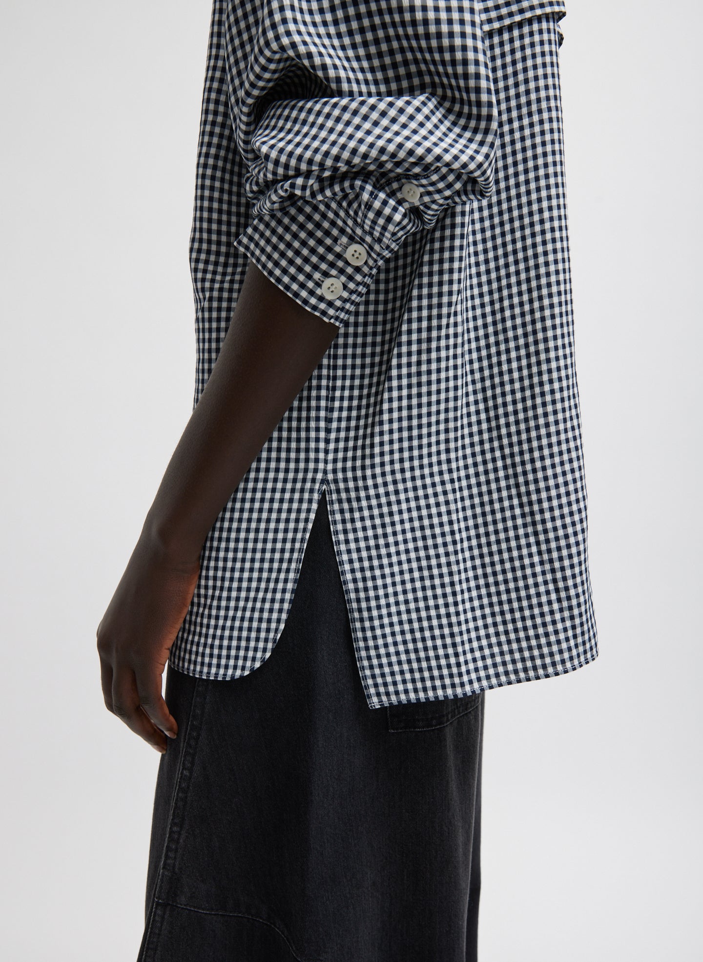 Navy Multi Viscose Gingham Oversized Shirt - closeup of side
