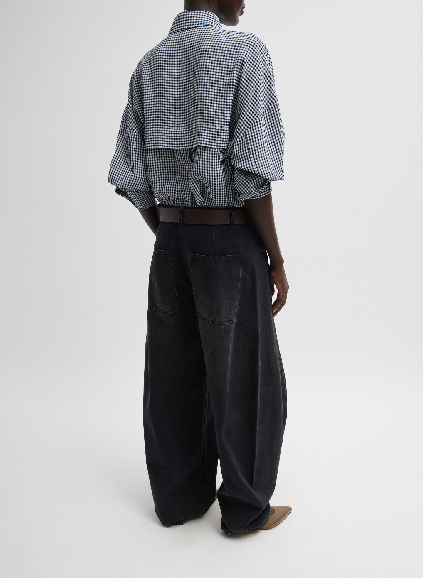 Navy Multi Viscose Gingham Oversized Shirt - full look, back view on model