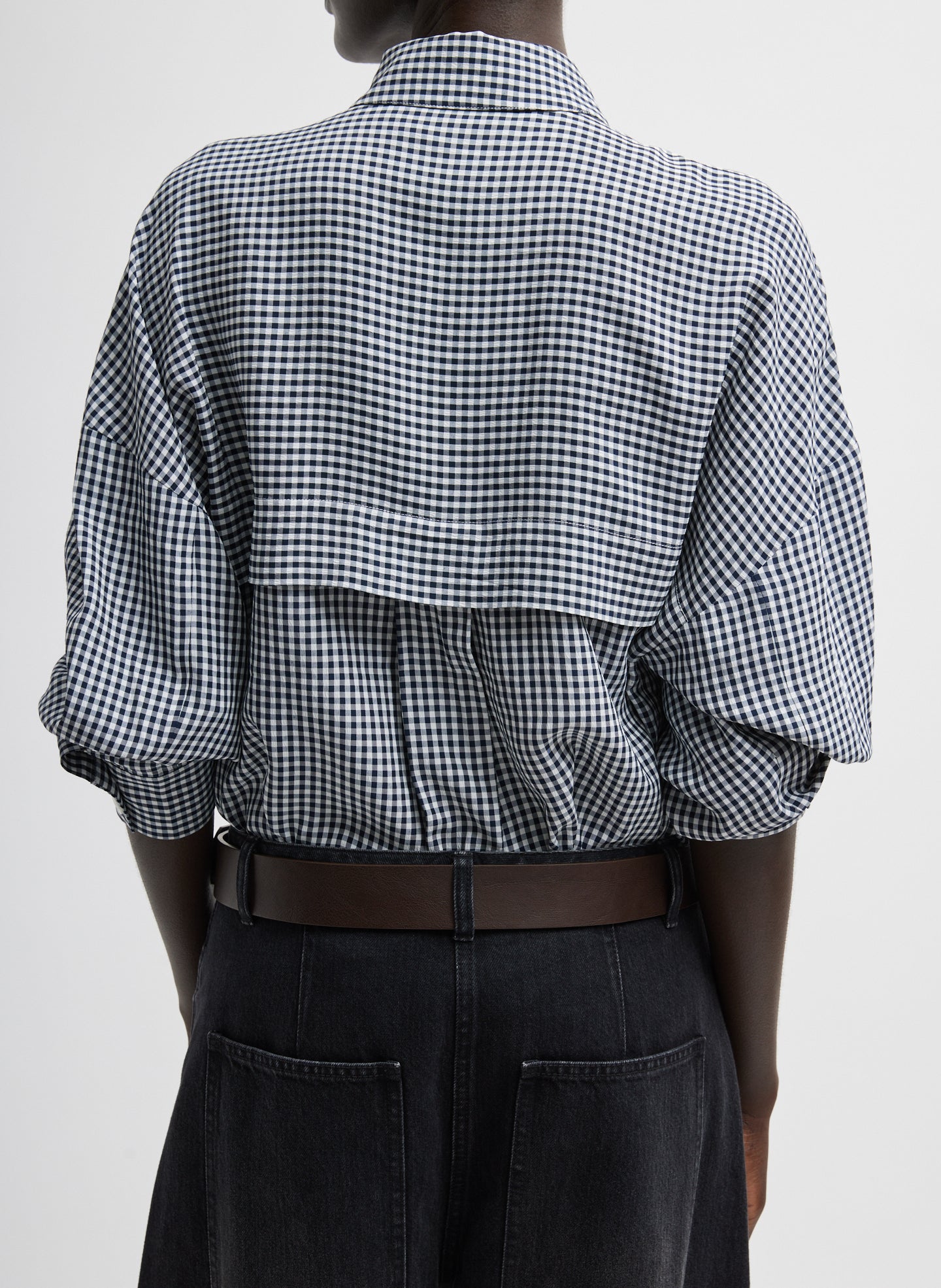 Navy Multi Viscose Gingham Oversized Shirt - button down, back view on model
