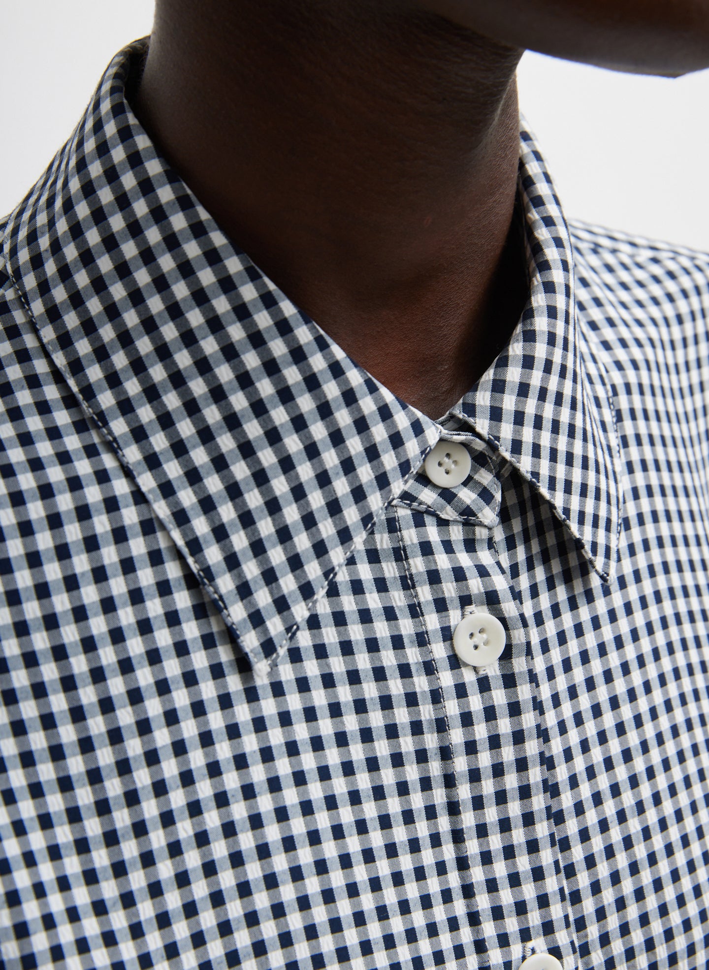 Navy Multi Viscose Gingham Oversized Shirt - closeup of neckline