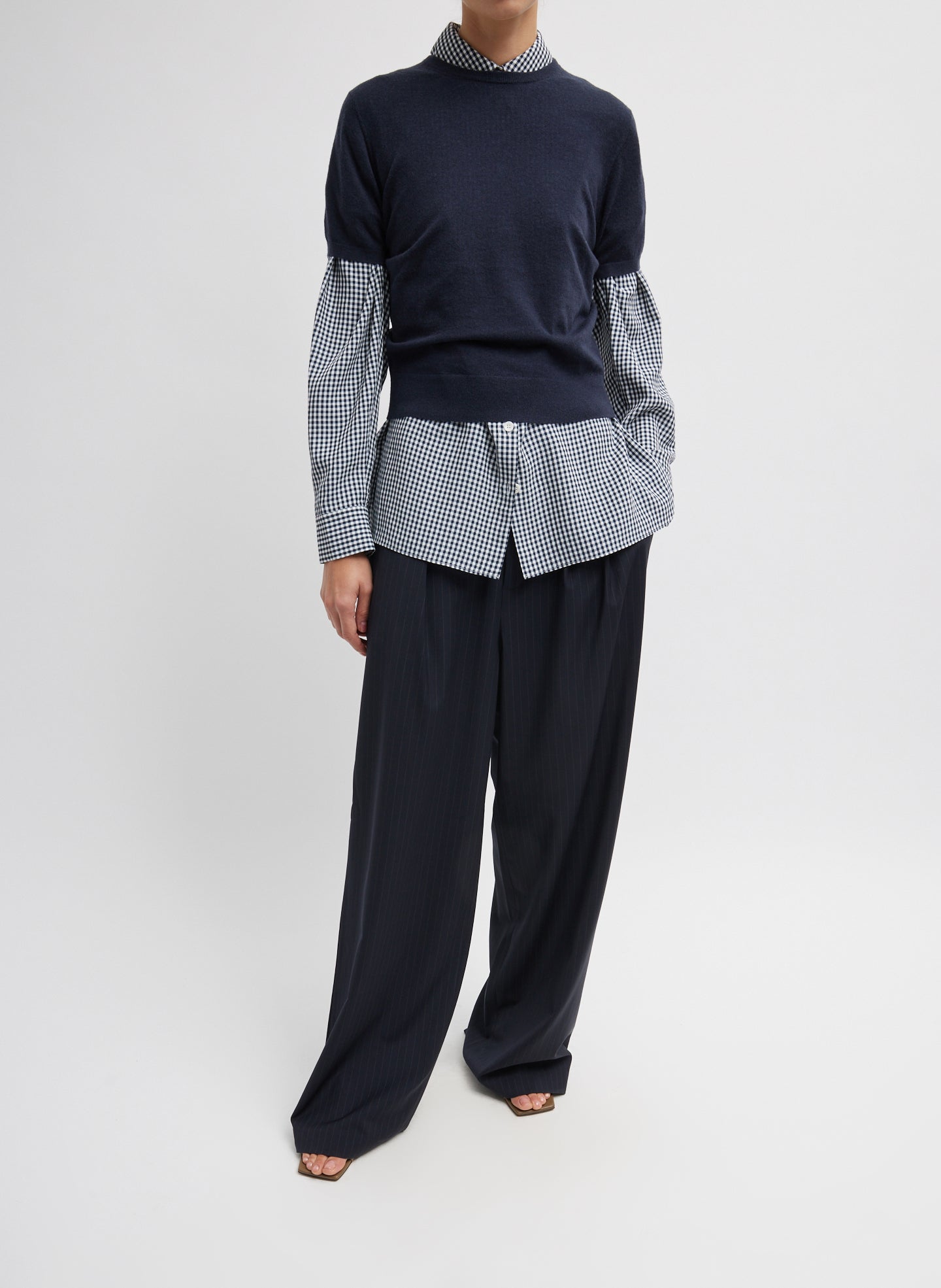 Navy Multi Viscose Gingham Oversized Shirt - full look, front view on model