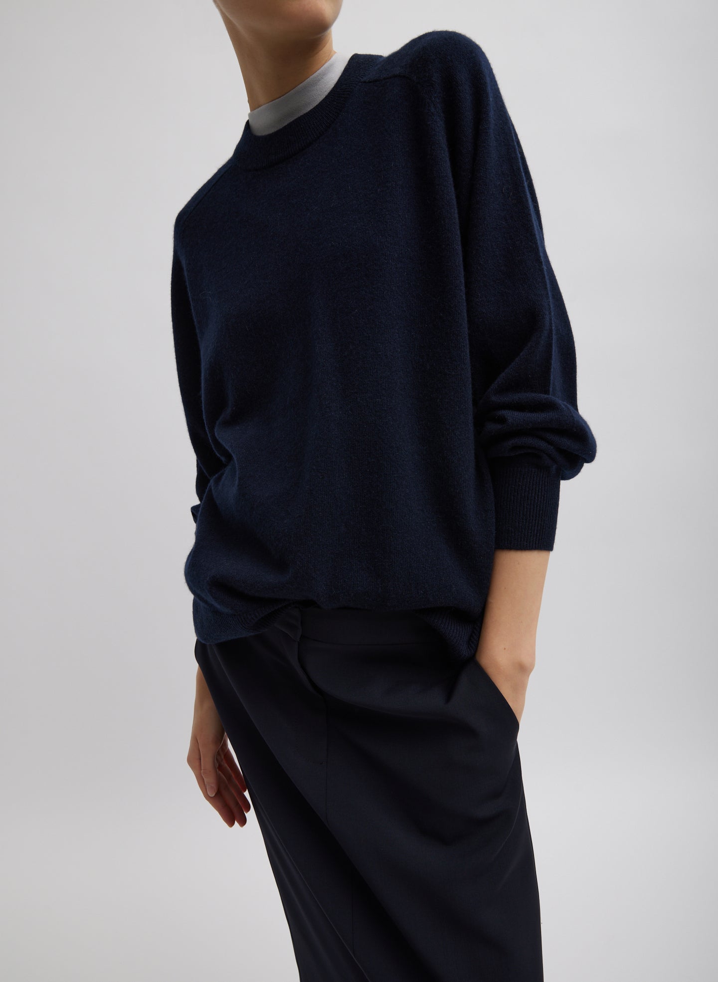 Navy Washable Cashmere Crewneck Sweater - front view on model