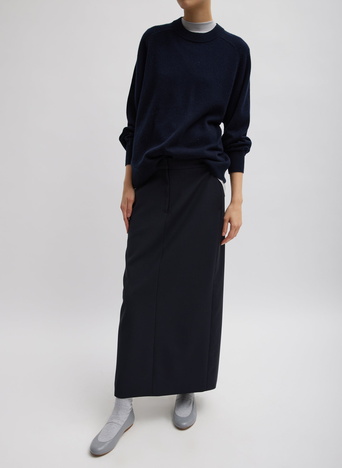 Navy Washable Cashmere Crewneck Sweater - full look, front view on model
