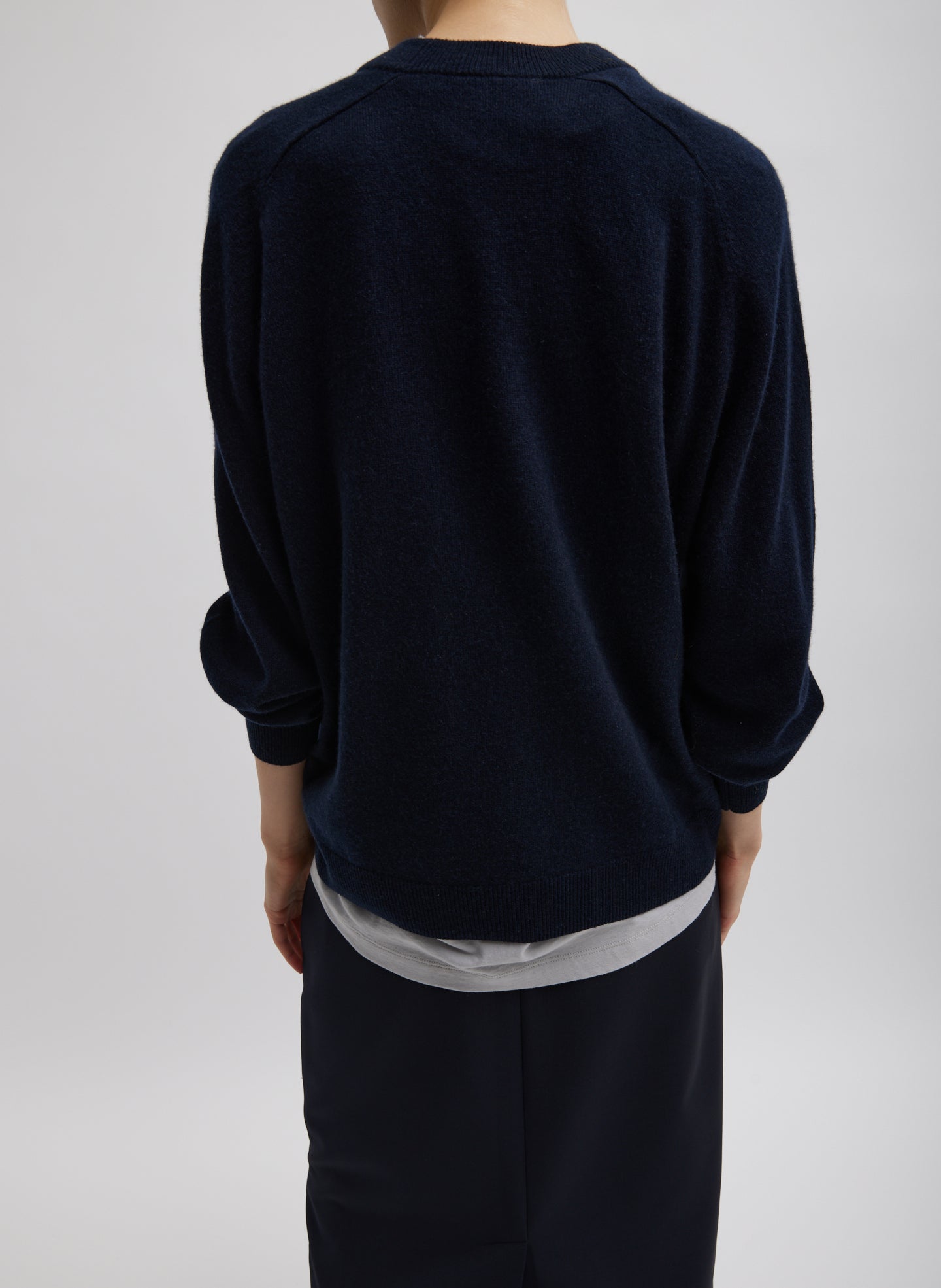 Navy Washable Cashmere Crewneck Sweater - back view on model