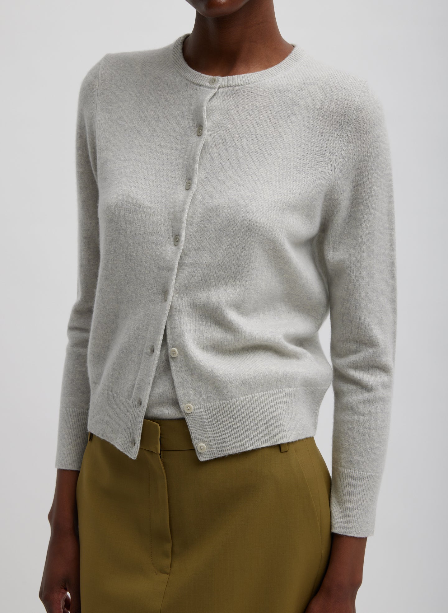 Washable Cashmere Shrunken Cardigan - Light Heather Grey Washable Cashmere Shrunken Cardigan - front view on model